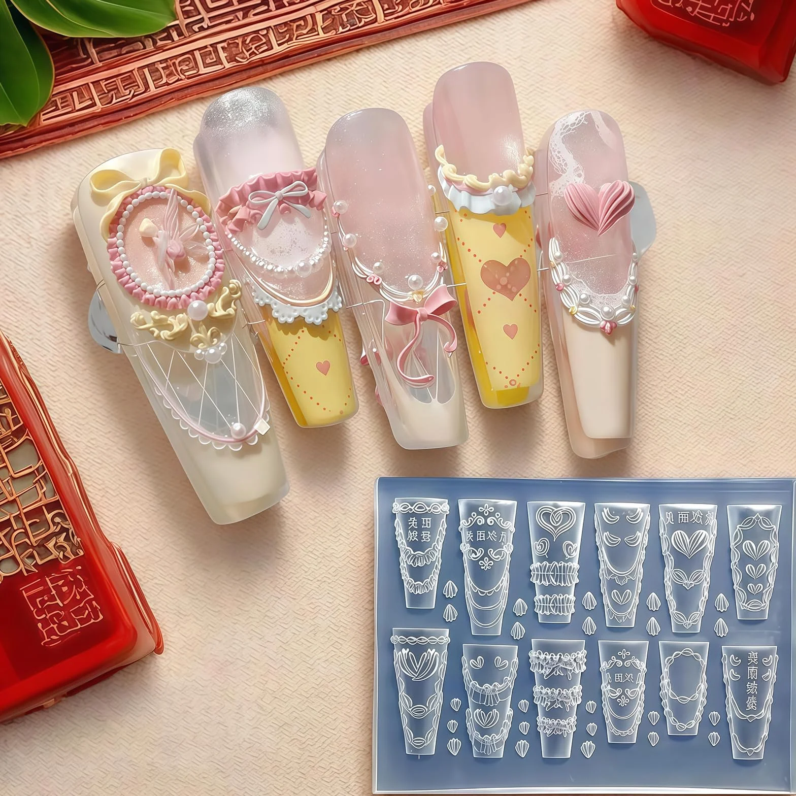 Silikon Stampi per Unghie 3D, Crema Pizzo Design Unghie, Charms Unghie Strumenti in Silicone, Decorazioni per Unghie Accessori per Nail Art