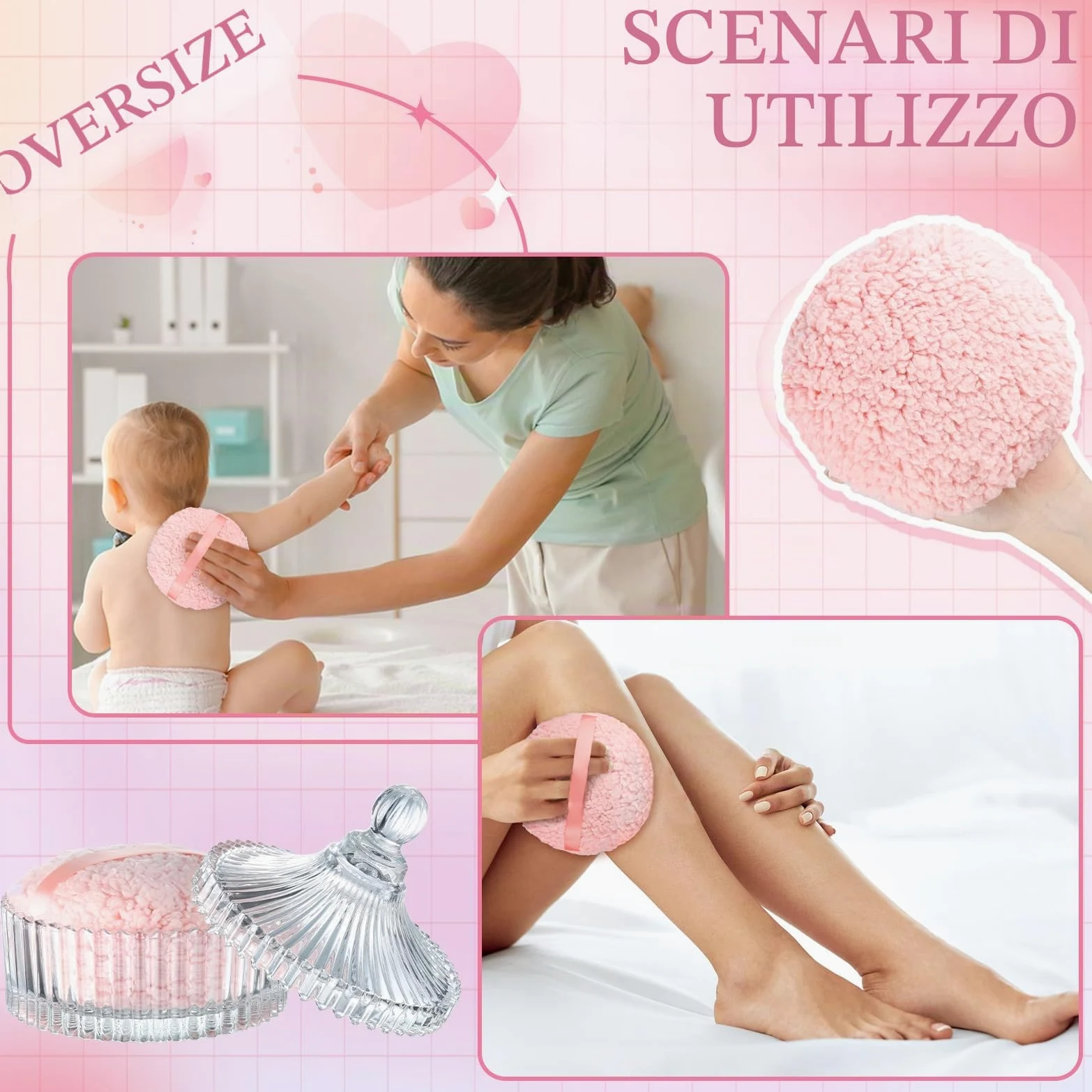 2 spugnette extra large per cipria e contenitore, per spolverare le donne | 6 pollici oversize, morbido velluto lavabile, con custodia in cristallo, trucco bagnato asciutto, rosa