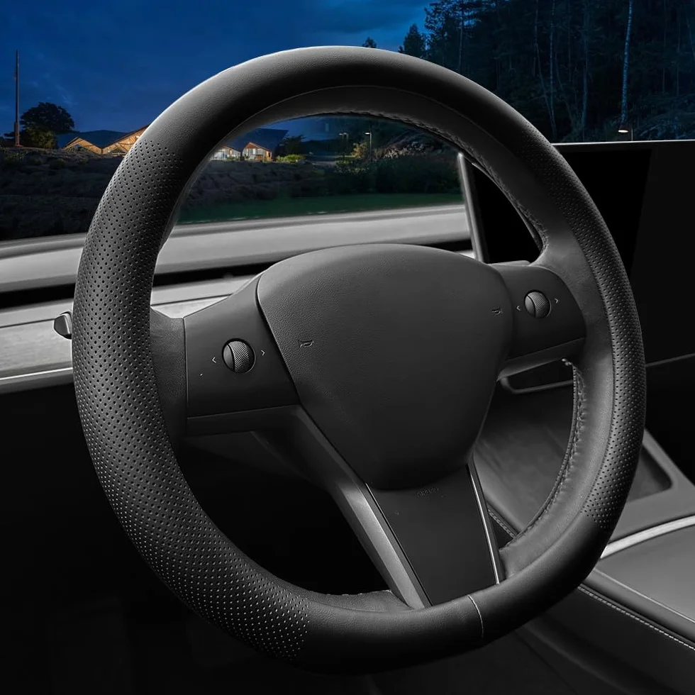 Coprivolante auto in pelle Nappa per Tesla Model 3/Y antiscivolo Nero