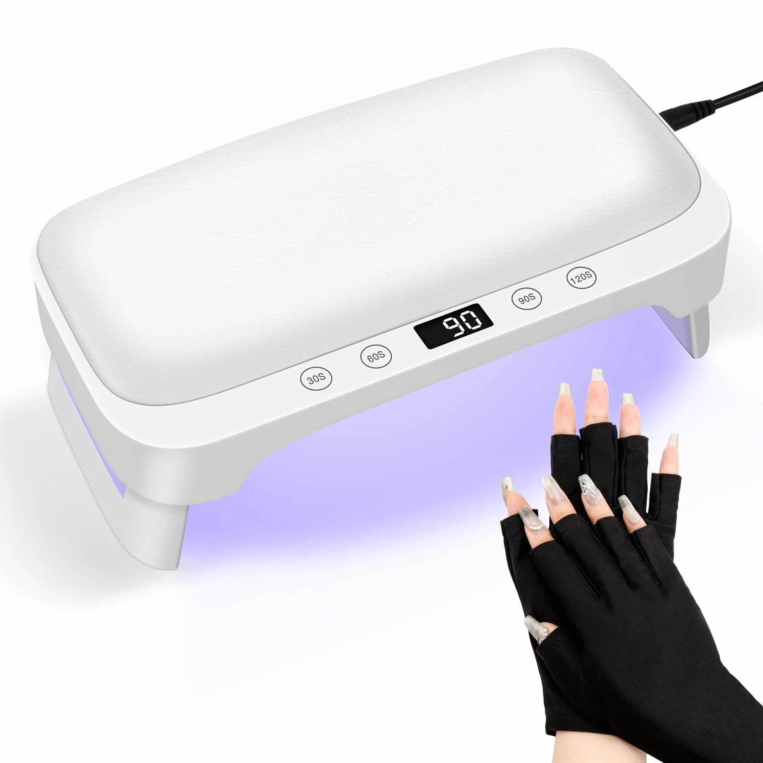 Lampada UV per Unghie con Bracciolo e Guanti UV: Professionale LED Lampada per Unghie, 4 Timer Asciugatrice Pieghevole con Poggiamano per Unghie Smalto Gel per Casa e in Salone, Bianco