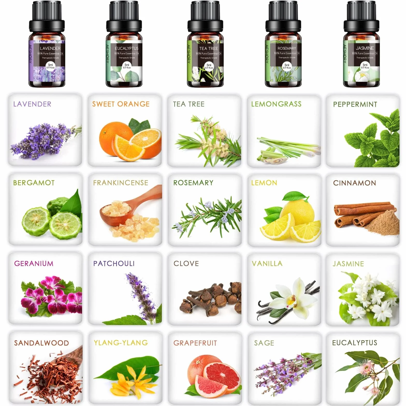 Set di Oli Essenziali per Diffusori Umidificatore 20 x 5ML, Olio Essenziale Naturali per Aromaterapia - Lavanda, Tea Tree, Citronella, Incenso