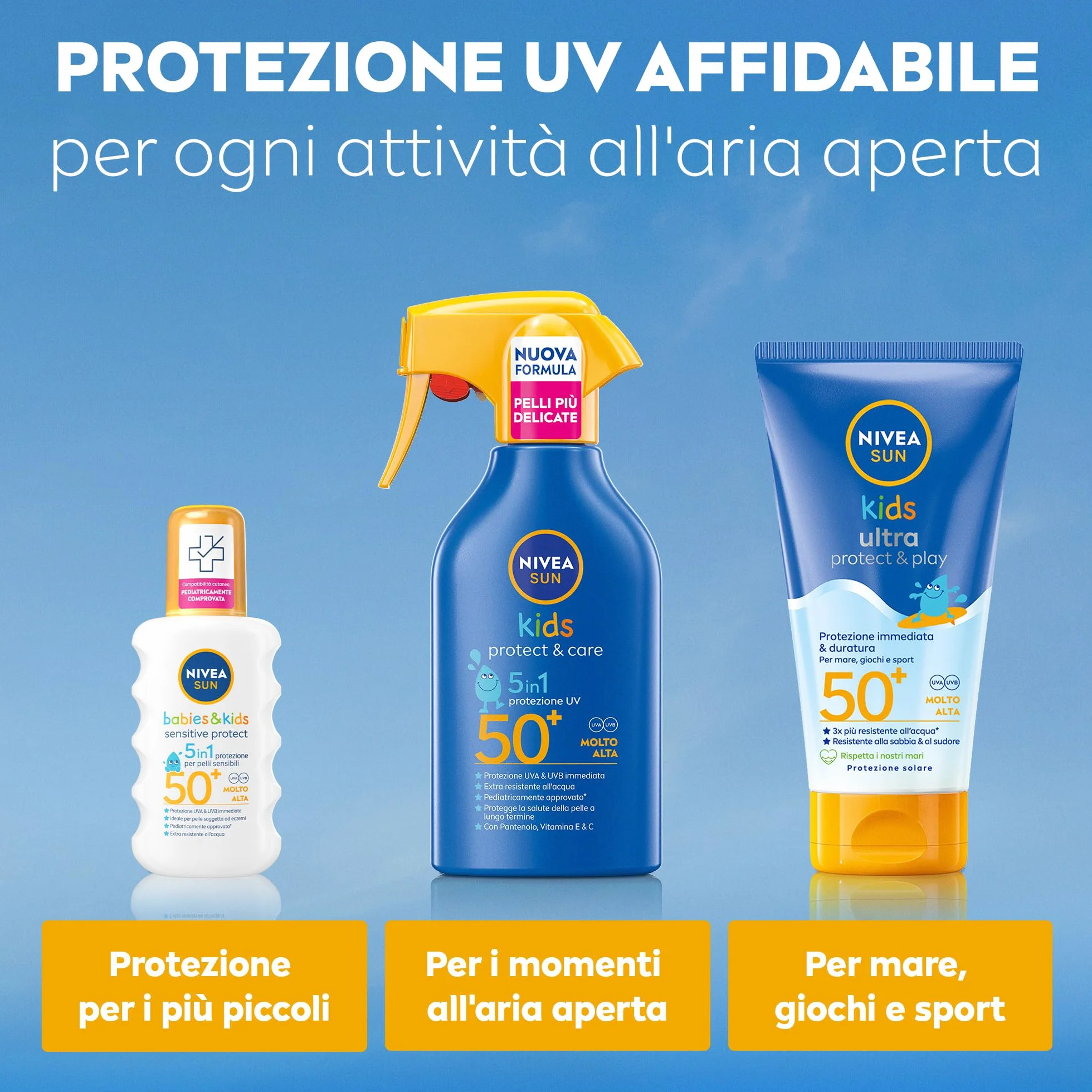 NIVEA SUN Kids Maxi Spray Protect & Care SPF 50+ 270 ml Crema Solare Bambini 3+ Anni Protezione Solare 50 Spray Extra Resistente Acqua Sudore Pantenolo Vitamina C & E
