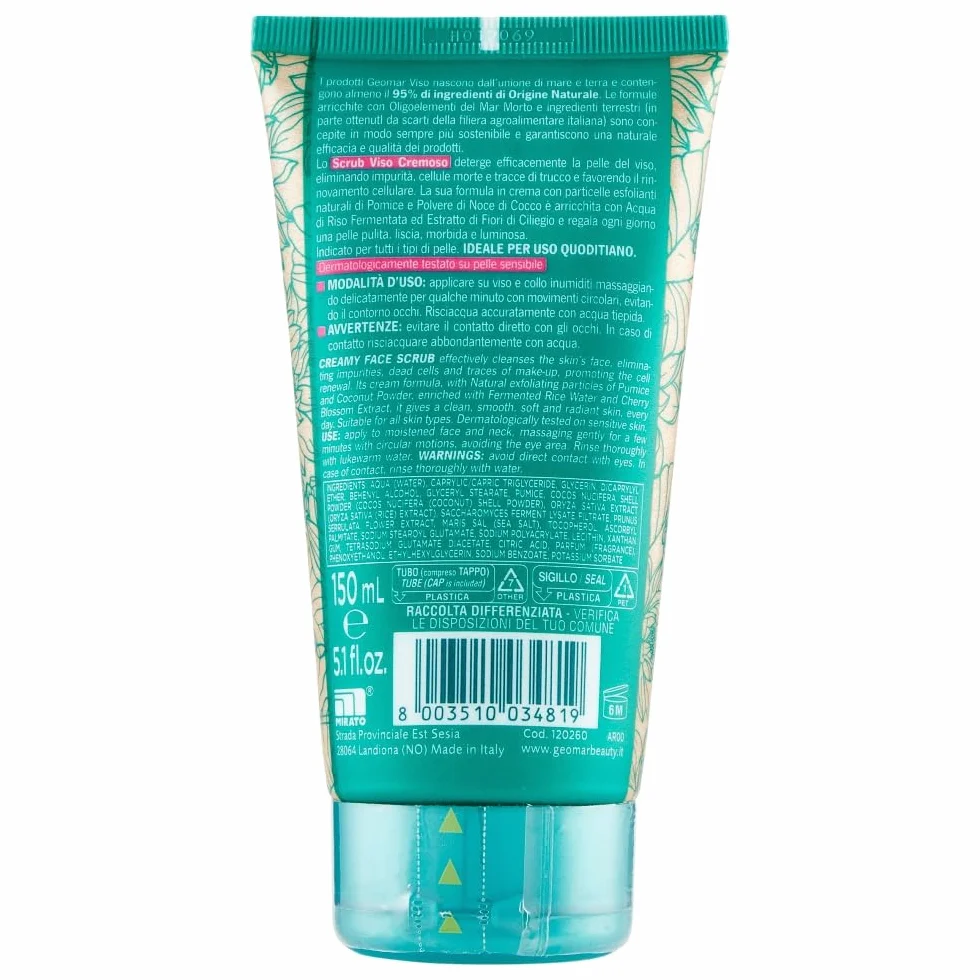 GEOMAR | Scrub Viso Detergente Cremoso, Con polvere di Noce di Cocco, Acqua di Riso e Fiori di Ciliegio, 95% di Origine Naturale, Made in Italy, 1 x 150 ml