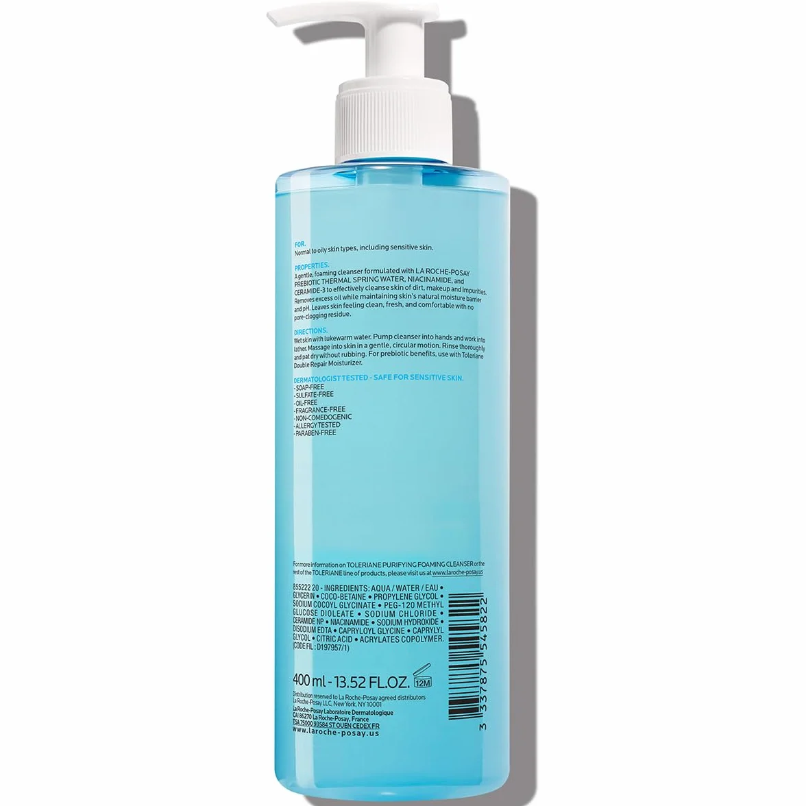 La Roche-Posay Toleriane, Gel Detergente Schiumogeno a Doppia Azione, Adatta a Pelli Sensibili, Elimina Impurità e Sebo, Pelle Morbida e Idratata, Formula con Tensioattivi Delicati e Glicerina, 400 ML