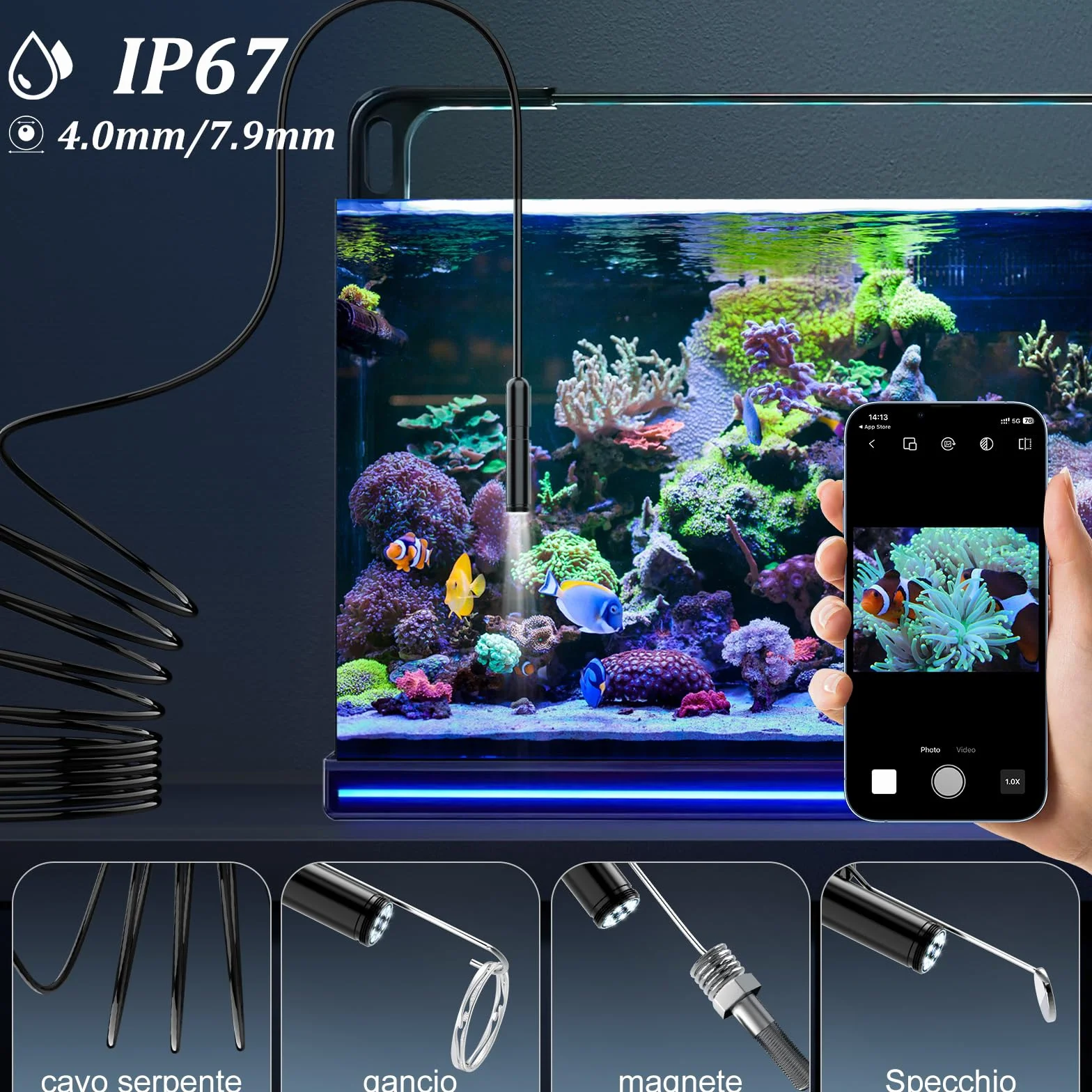 Endoscopio per Smartphone 1920P HD Telecamera Endoscopica IP67 Sonda Impermeabile 8 LED Cavo Semirigido 5m Android iOS