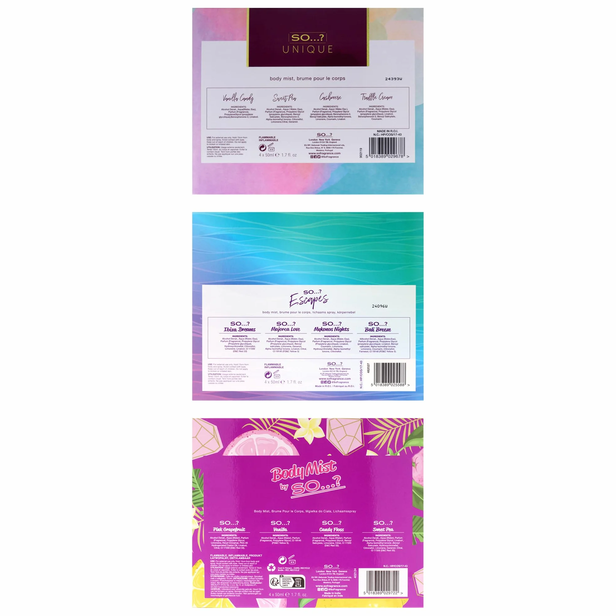 So…? Summer Escapes, Body Mist by So…? & Unique Womens Gift Sets Bundle, Body Mist Fragrance Spray (4x50ml) Pack of 3