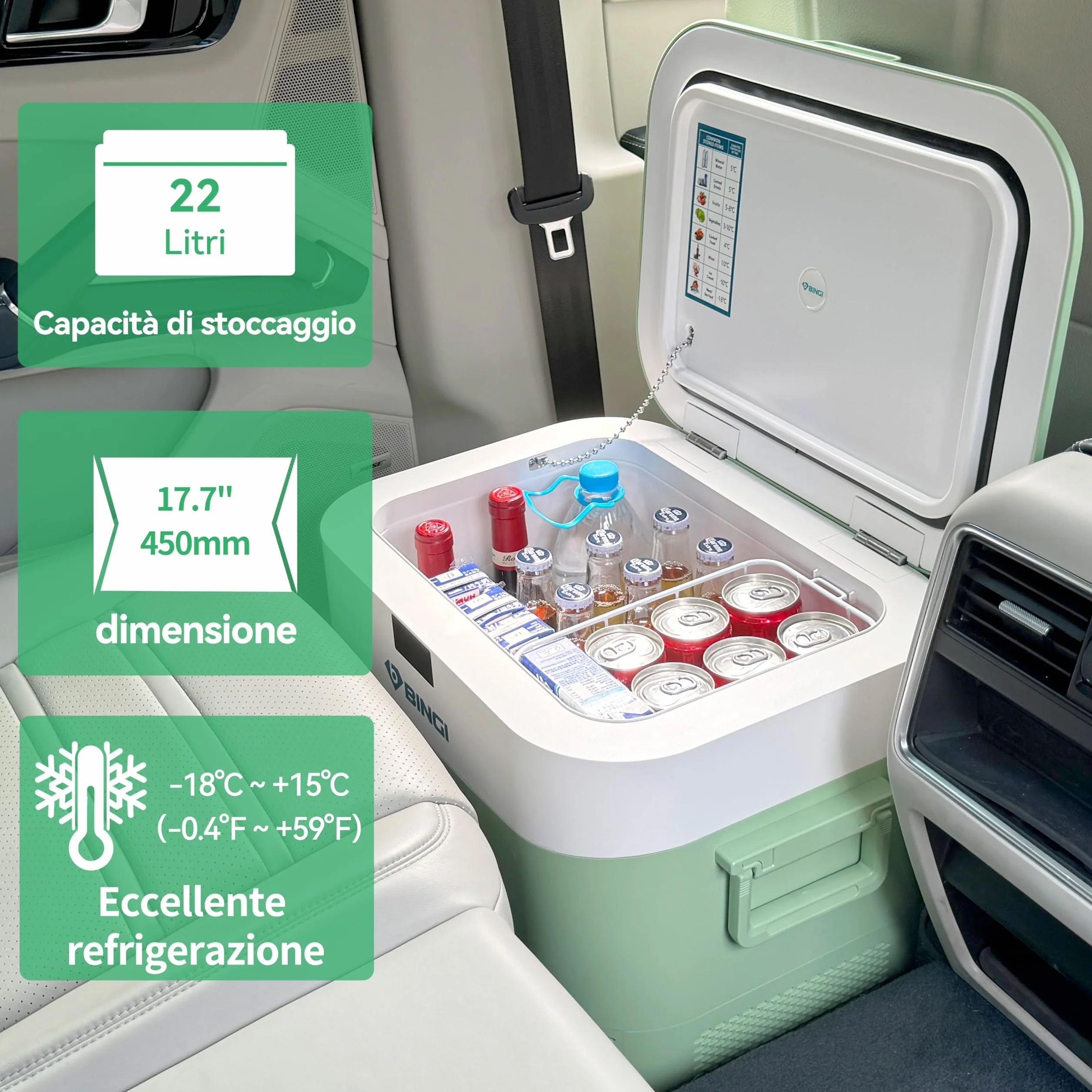 BINGI Frigorifero Portatile 22L con Compressore, -18℃ a +15℃, 12V/24V/220V per Camper Van Camion Barca