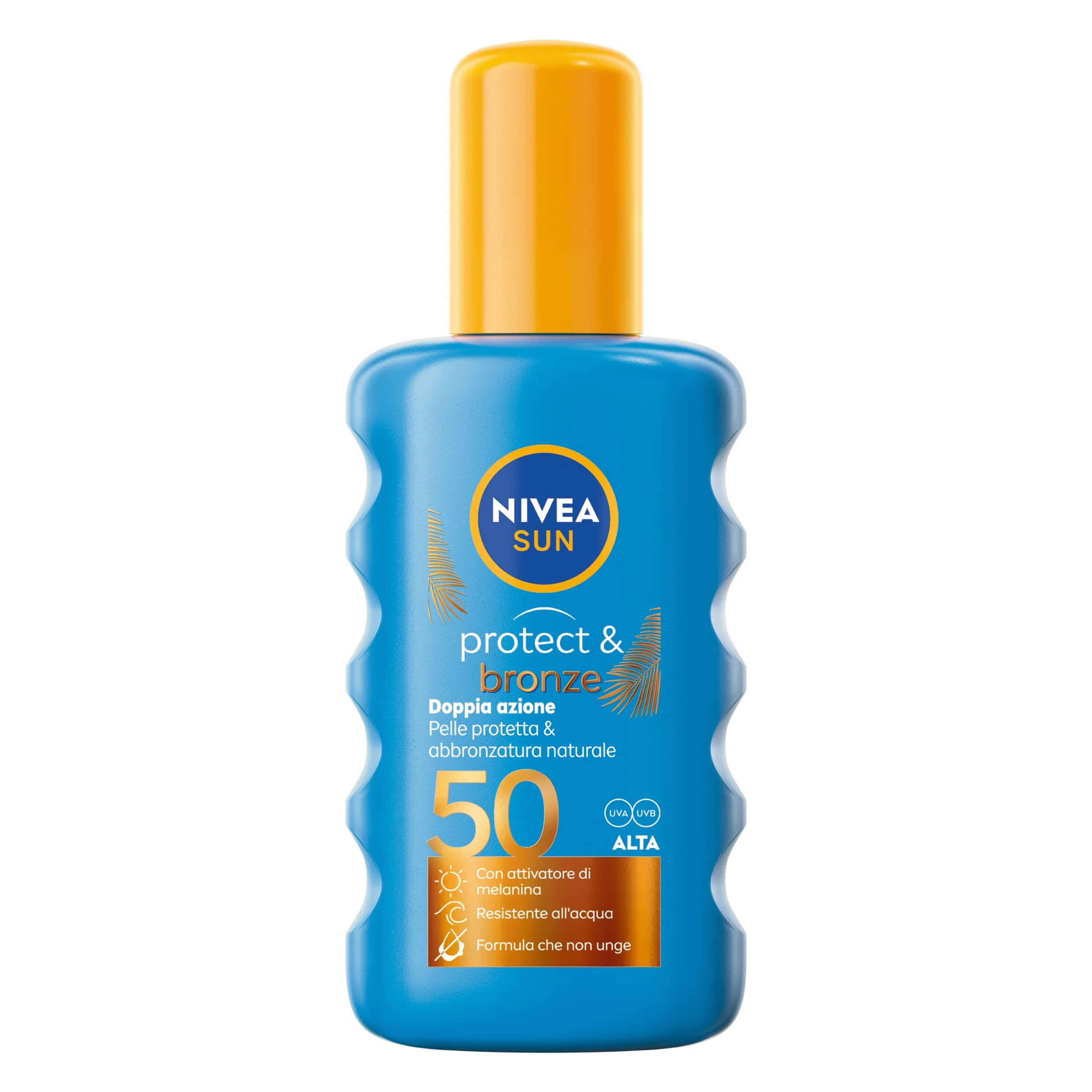NIVEA SUN Spray Protect & Bronze SPF 50 200 ml, Crema solare 50 spray abbronzante corpo, Protezione solare 50 con attivatore di Melanina acceleratore abbronzatura, Resistente all'acqua, Non unge