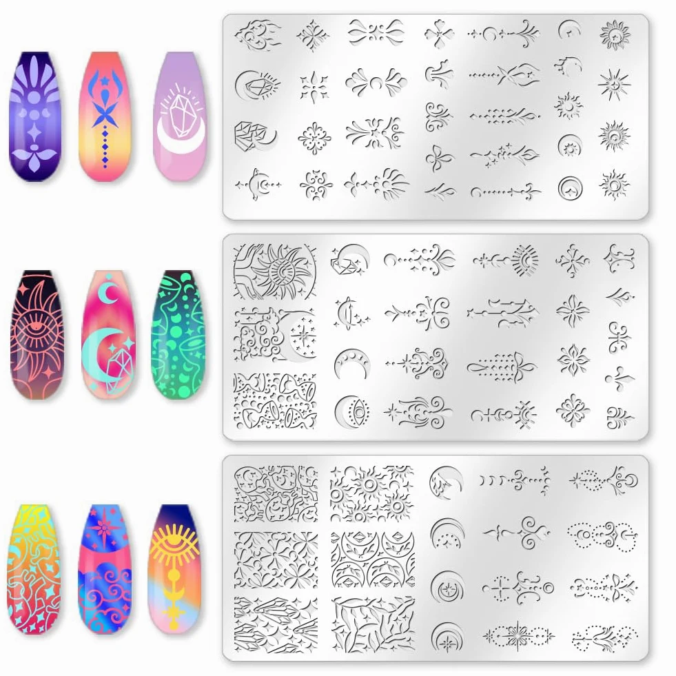 Set di 3 piastre per timbratura per unghie a forma di luna, stelle, sole, meteore, boemia, in acciaio inossidabile, modelli di timbri per unghie in silicone trasparente con raschietto per
