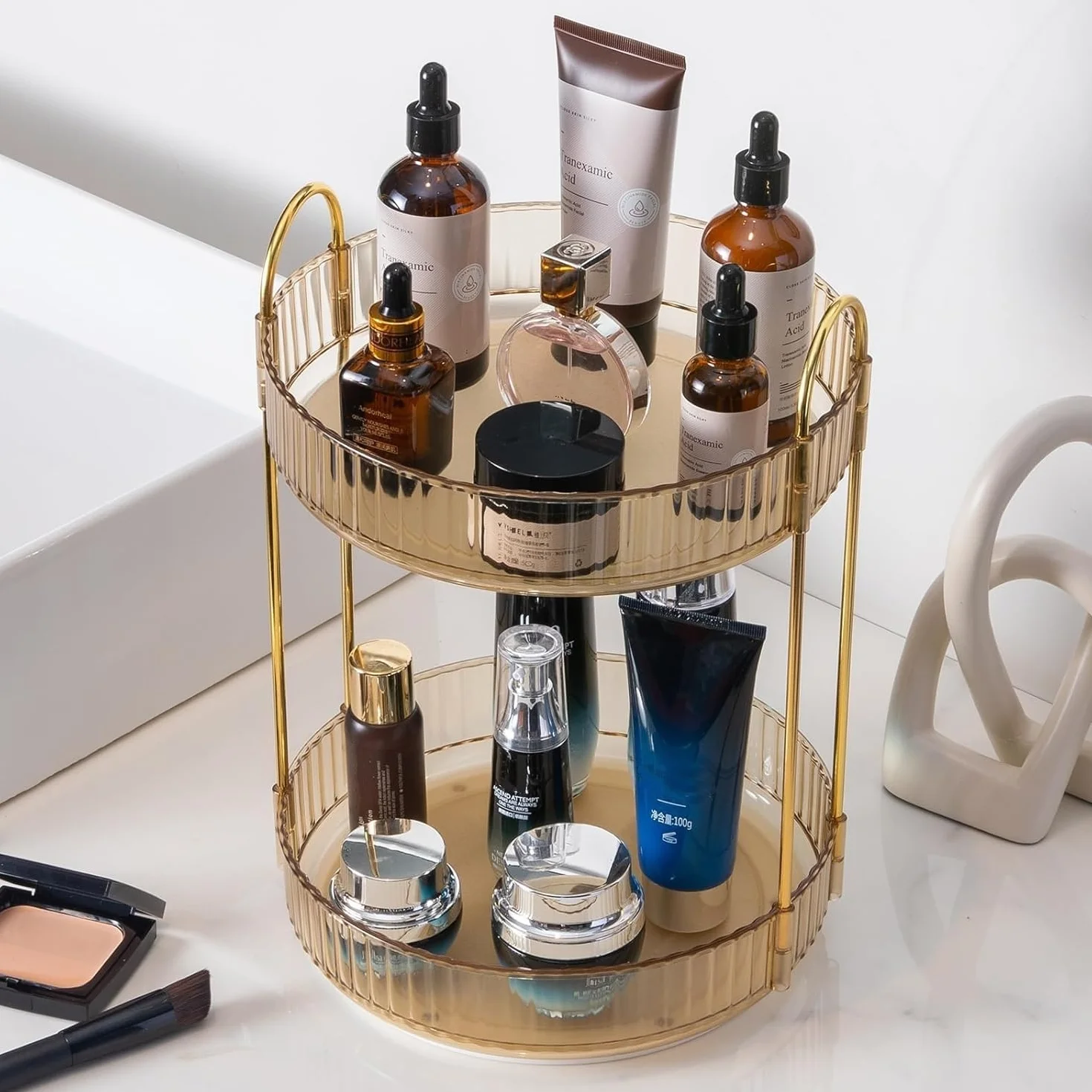 Organizzatore di Trucco Rotante a 360° Grande Capacità per Cosmetici Profumi Cura della Pelle Bagno 2 Strati Ambra