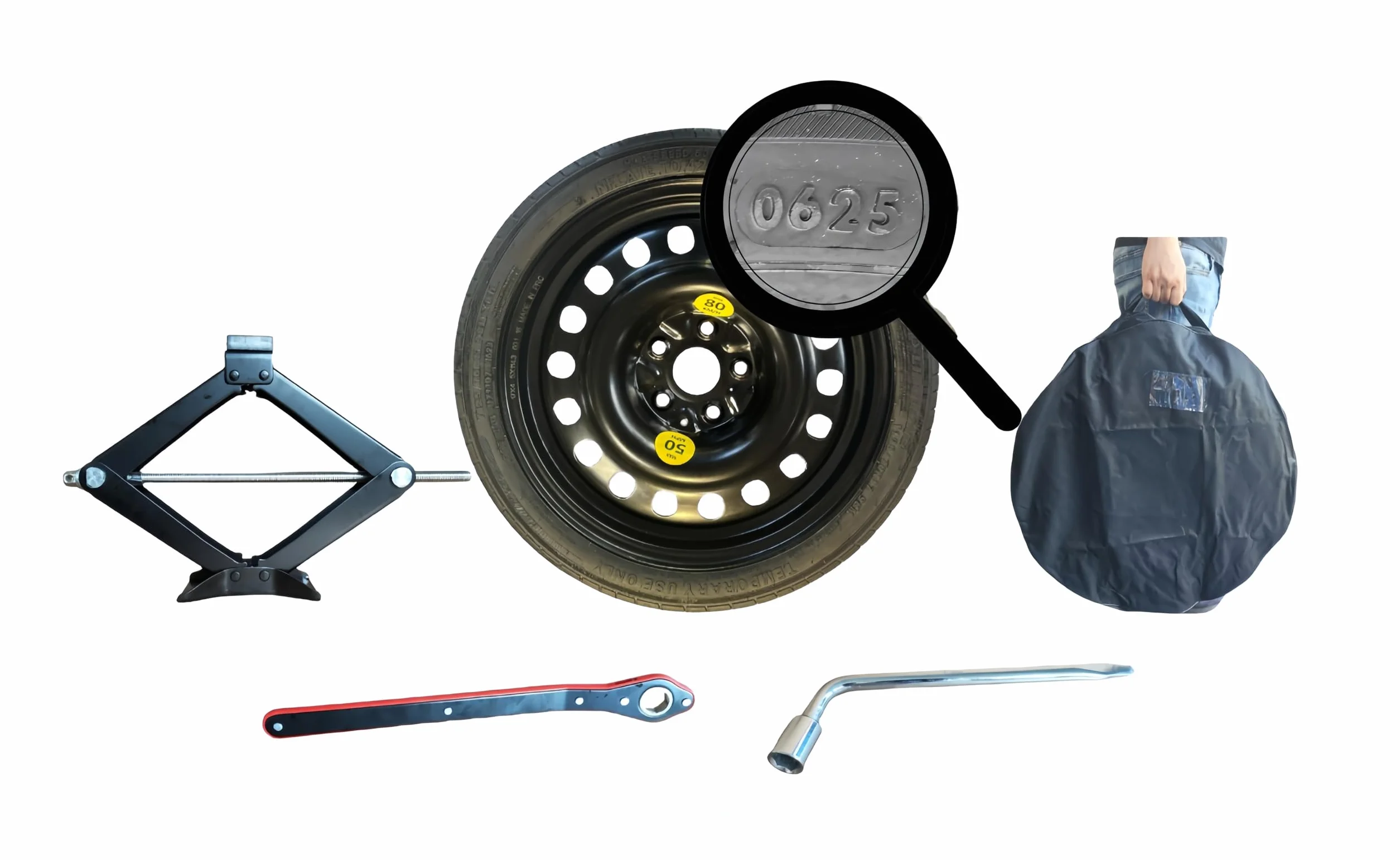 Kit Ruotino di Scorta 17" compatibile Hyundai Kona 2017-2022 con Cric, Chiave e Sacca 125/80R17