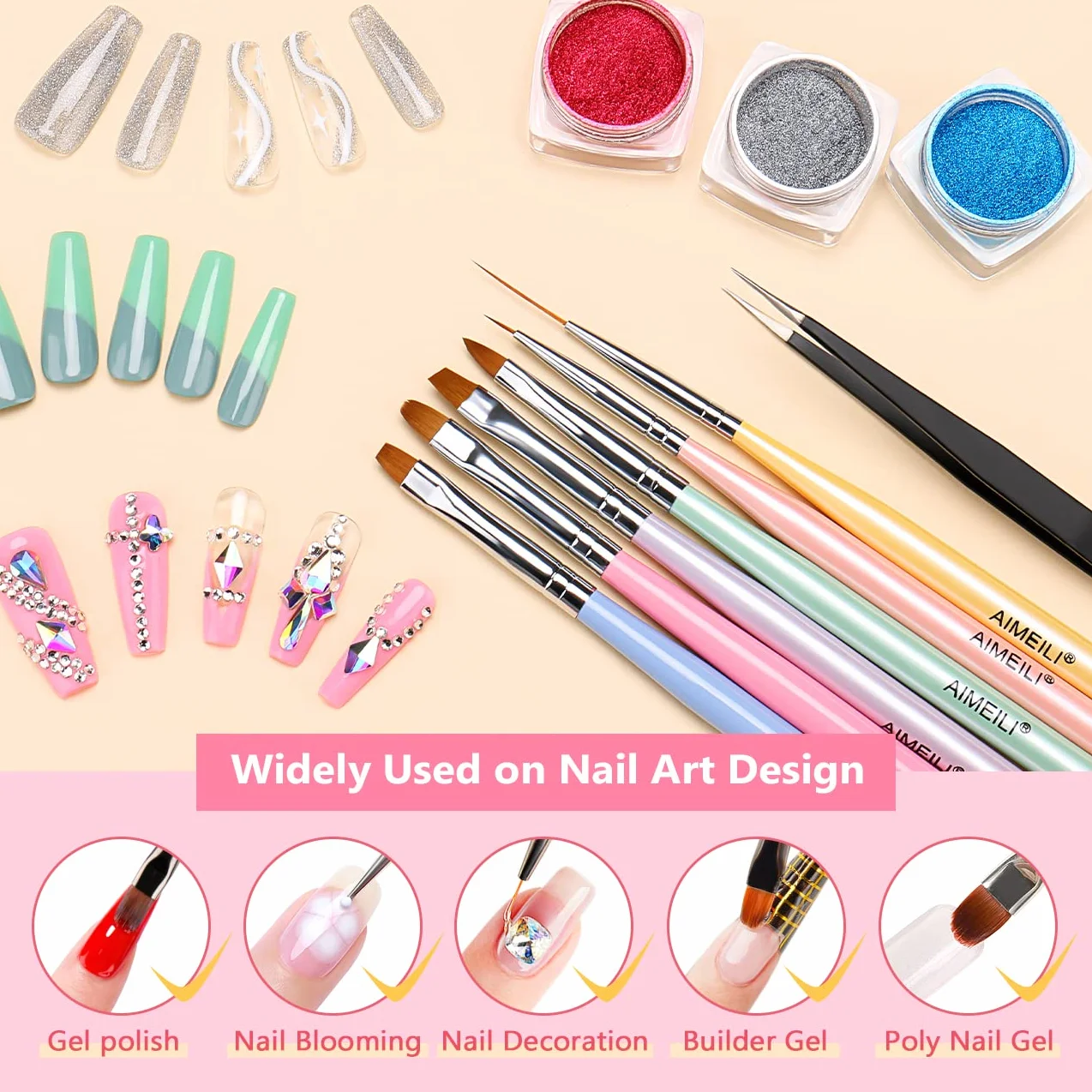 AIMEILI 6 Pezzi Pennelli per Unghie Set Per UV Gel Liner Pittura Pennello Acrigel Pennello Decorazioni Unghie Penne Dotter per Nail Art DIY Attrezzi