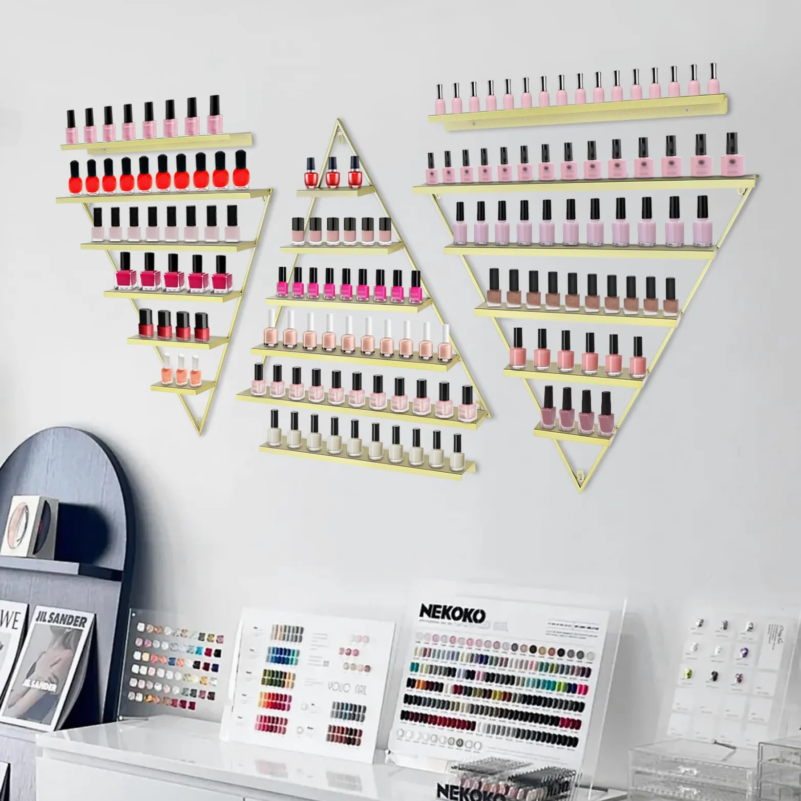 3 contenitori per smalti in metallo, organizer da parete, scaffalatura a 5 livelli, per conservare profumi, rossetto essenziale, per la casa spa, negozio di unghie, oro