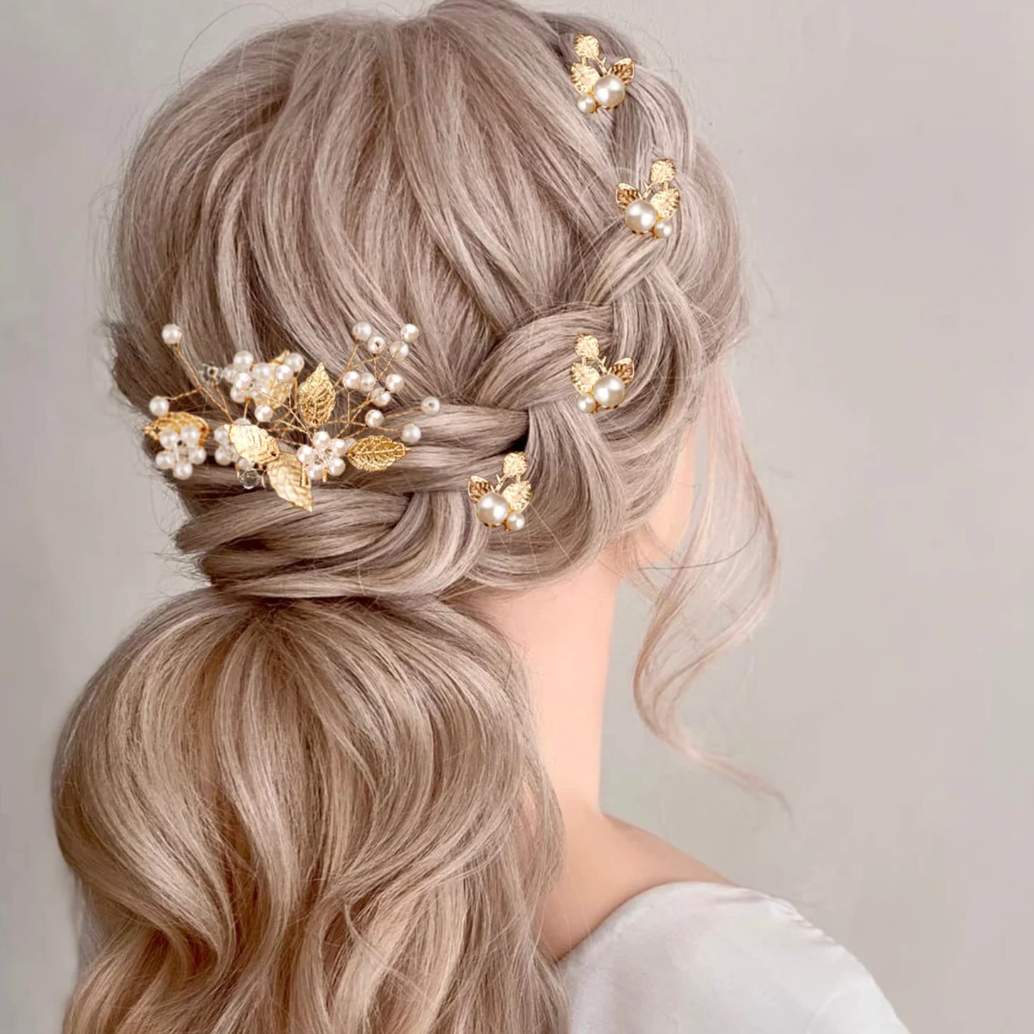7 forcine per capelli da sposa con foglie dorate e perle per acconciature da sposa e per acconciature da sposa, accessori per capelli per fiori, accessori per capelli per spose damigelle e ragazze