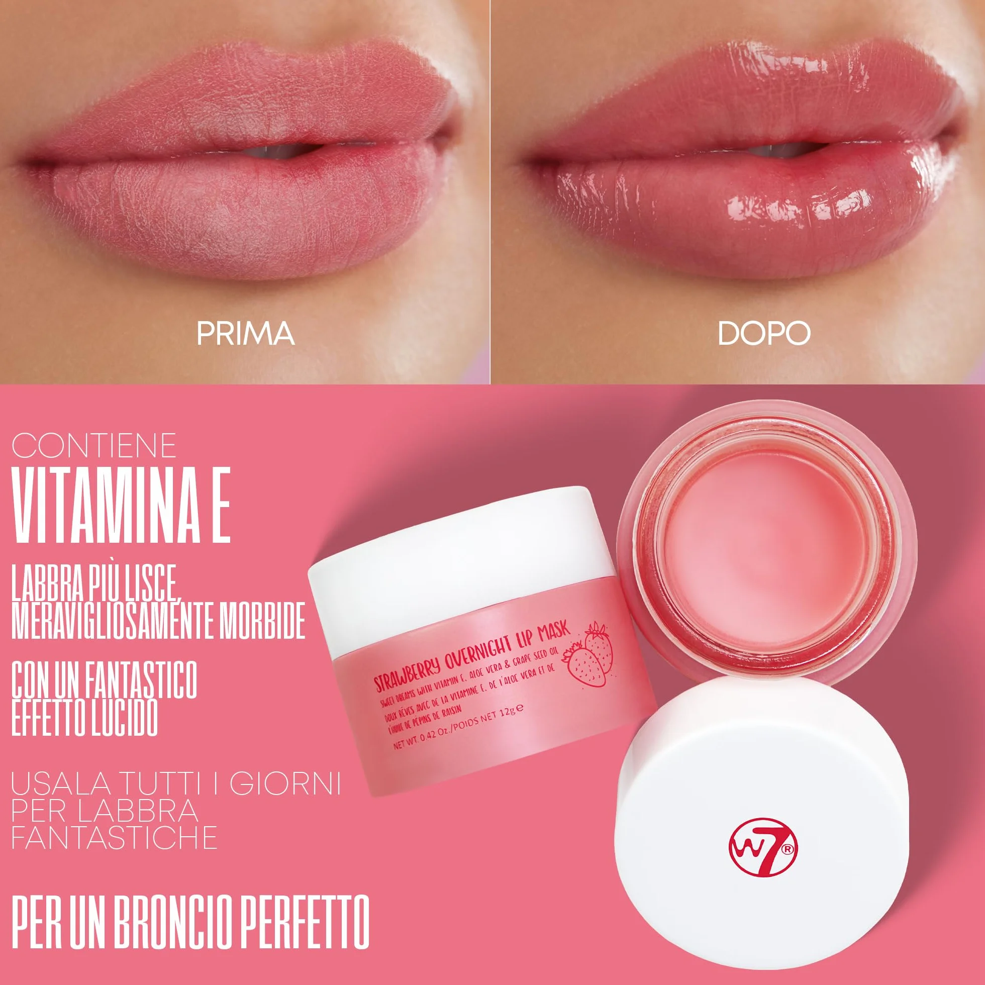 W7 Maschera Labbra Notte Sweet Dreams alla Fragola - Vitamina E, Aloe Vera e Olio di Semi d'Uva - Per labbra idratate, carnose e irresistibili