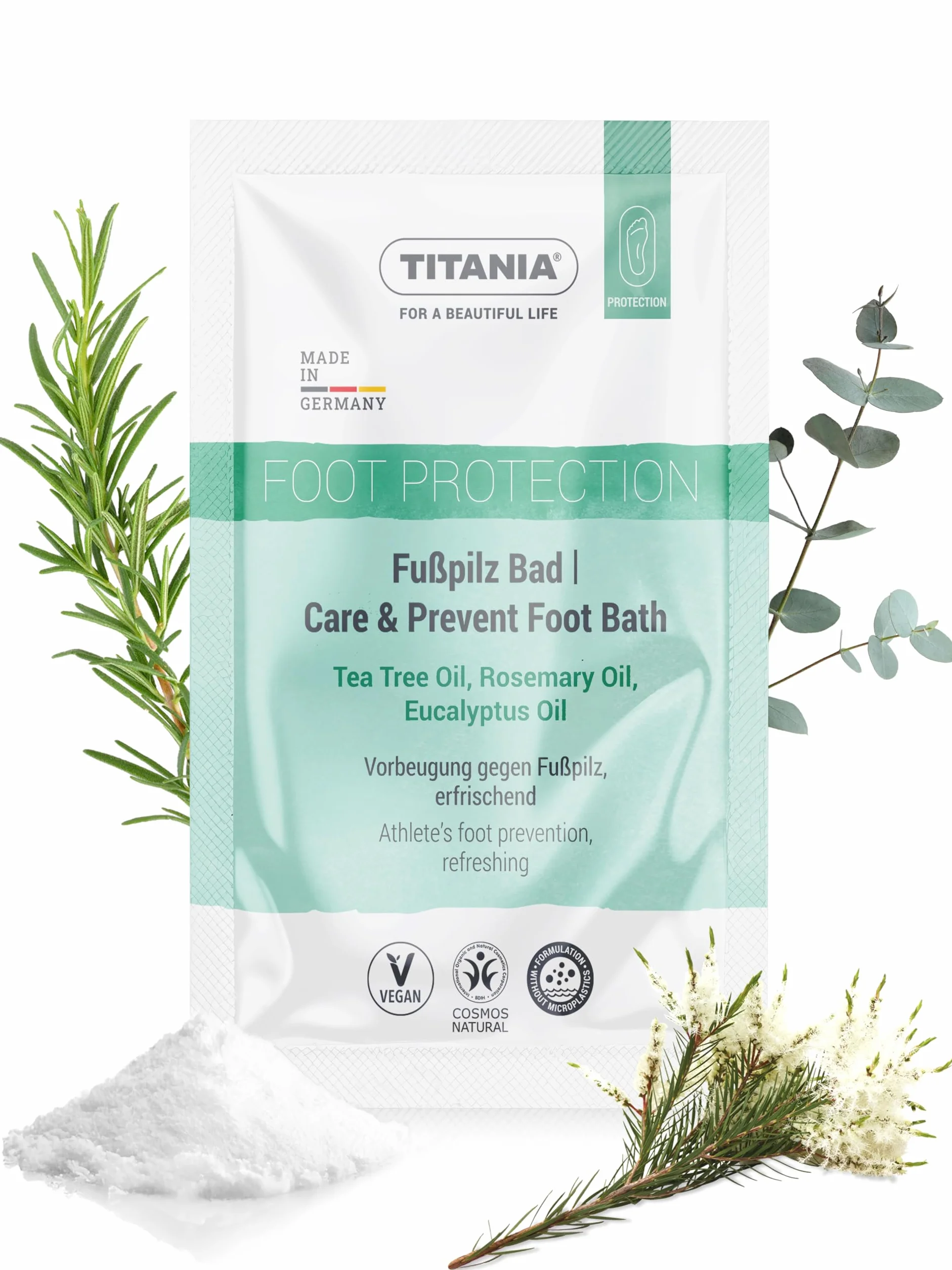 TITANIA Sale pediluvio 40 g con olio di tea tree per la prevenzione dei funghi dei piedi, cura naturale dei piedi con rosmarino, menta ed eucalipto, vegano, senza microplastica, dermatologicamente