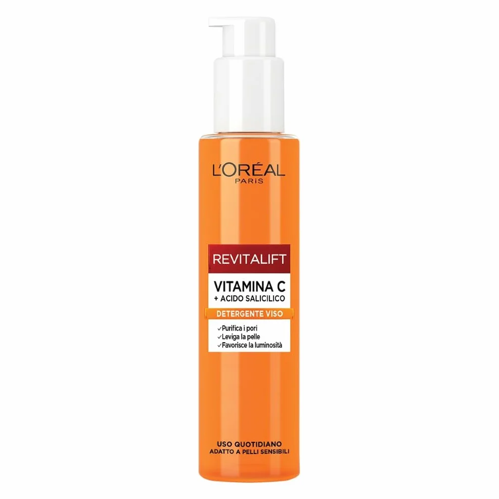 L'Oréal Paris Detergente Viso Purificante, Adatto a Pelli Sensibili, Azione Levigante e Uniformante, Pelle Morbida e Elastica, Con Vitamina C + Acido Salicilico, Revitalift, 150 ml