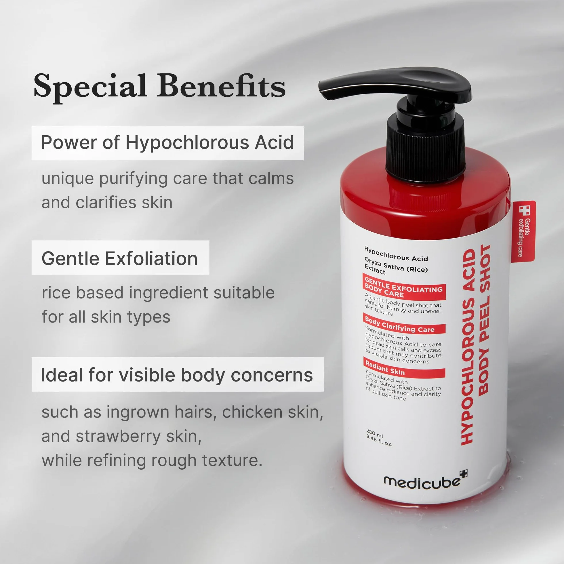 Medicube Body Peel Shot Hypochlorous Acid Gentle Exfoliating Serum Dead Skin Cells Rough Patches Uneven Texture Rice Extract Panthenol Hydrating Smoothing 9.46 fl.oz