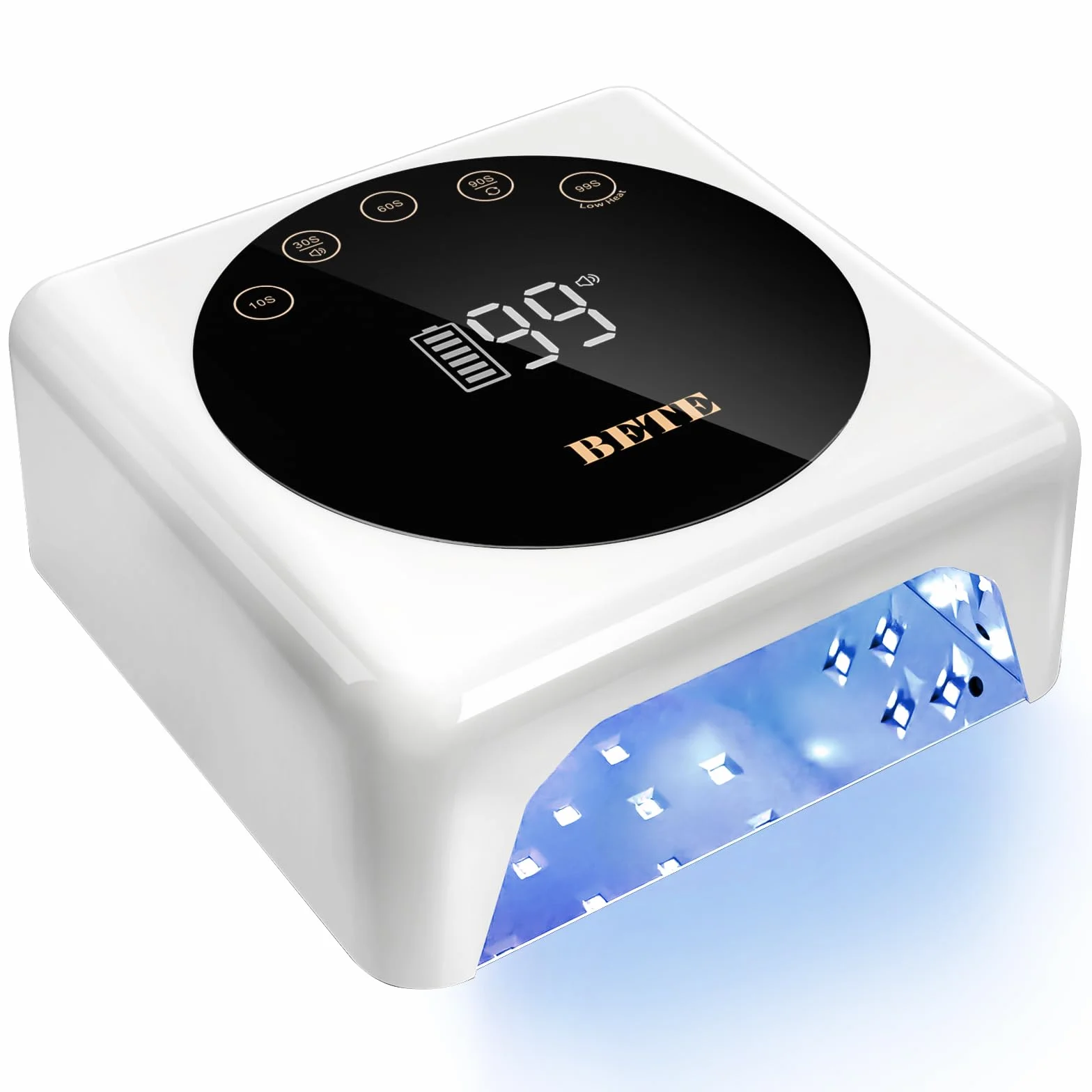 BETE Lampada per unghie a LED senza fili, UV ricaricabile da 78 W, con sensore a infrarossi e display LCD, asciuga unghie portatile con 5 impostazioni di timeout (Bianco)