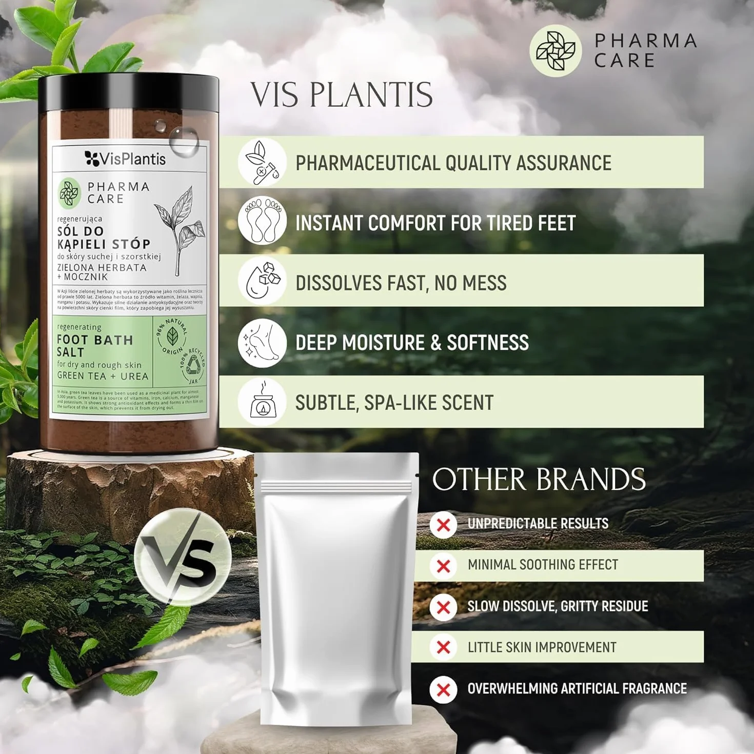 Vis Plantis Sale per Pediluvio con Tè Verde, Urea e Calendula 560 g – Sali da Bagno per Piedi con Pelle Dura e Calli, Pediluvio Rigenerante per Piedi Stanchi e Gambe Pesanti, Idratante e Deodorante