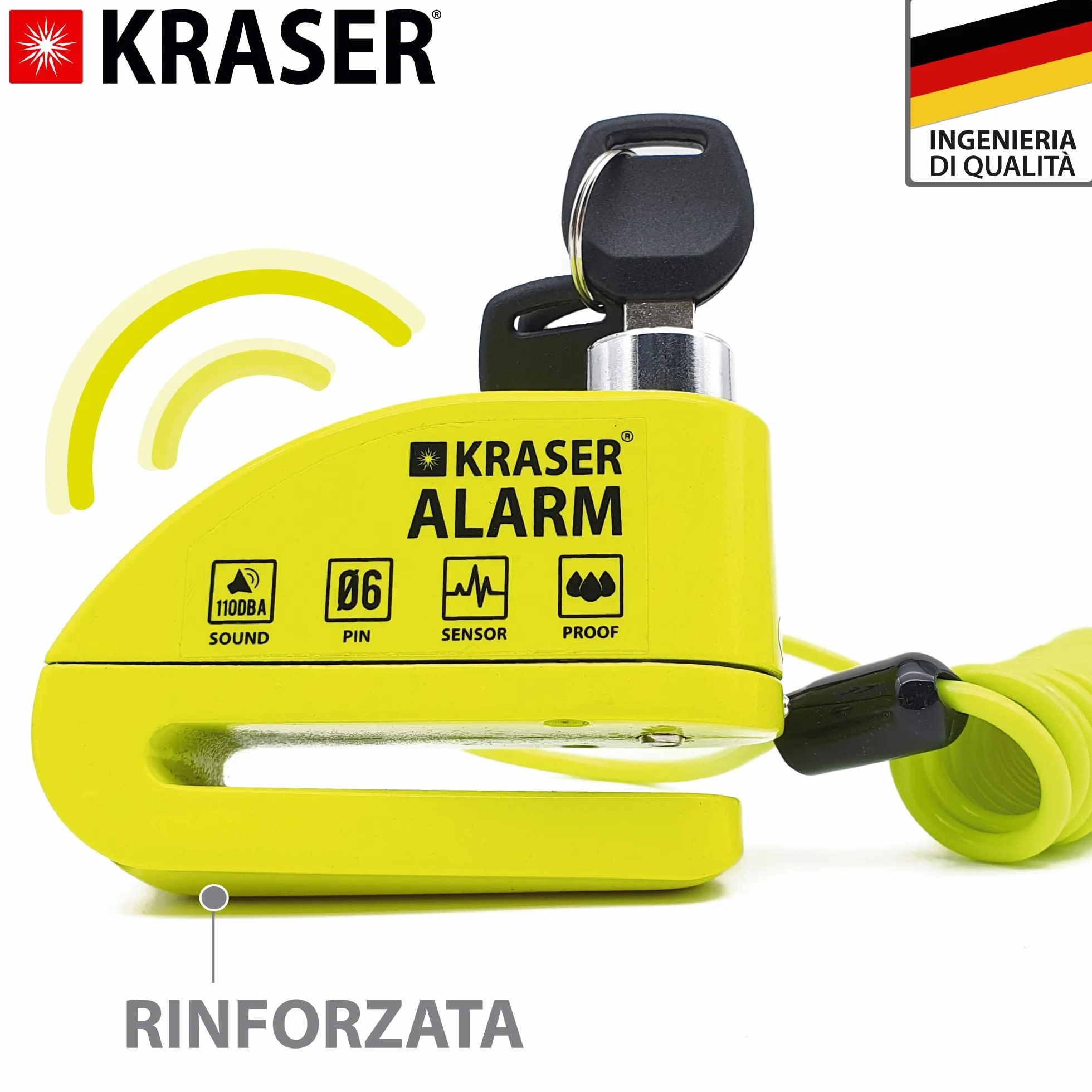 KRASER KR6Y Blocca Disco per Moto con Allarme 110dB, Antifurto Moto, Impermeabile, Cavo Reminder 1.5m Borsa