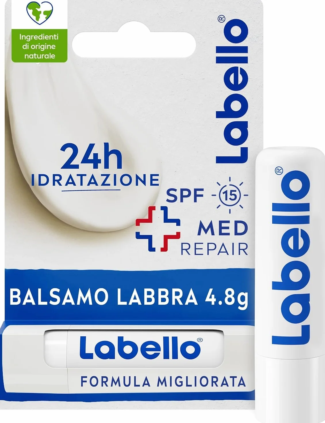 Labello Med Repair 4.8 g, Burrocacao labbra idratante e nutriente, Balsamo labbra riparatore con vitamina E e oli naturali, Burrocacao protezione solare SPF 15