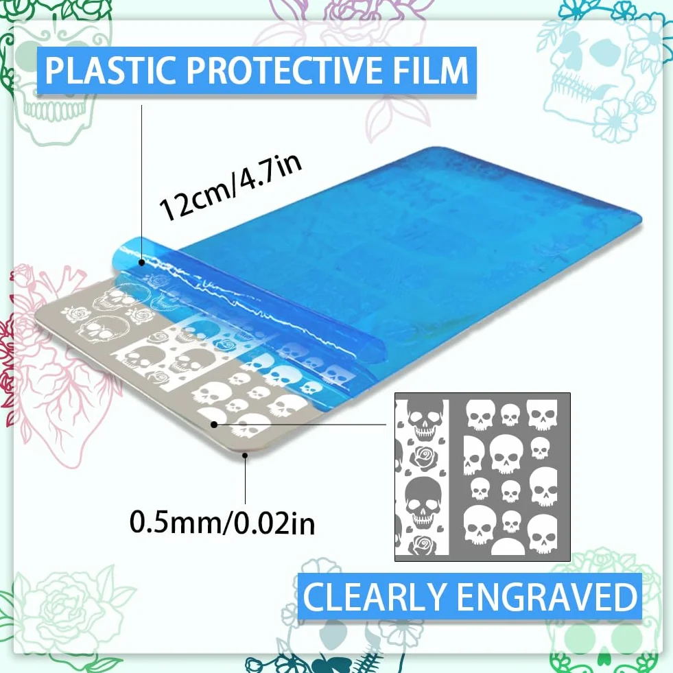 PH PandaHall 3 pz Timbro per Unghie con Teschio Gotico, 58 Modelli Scheletro Orrore Fiore Piastra per Stampaggio Unghie per Nail Design Stampa Manicure Salone Halloween