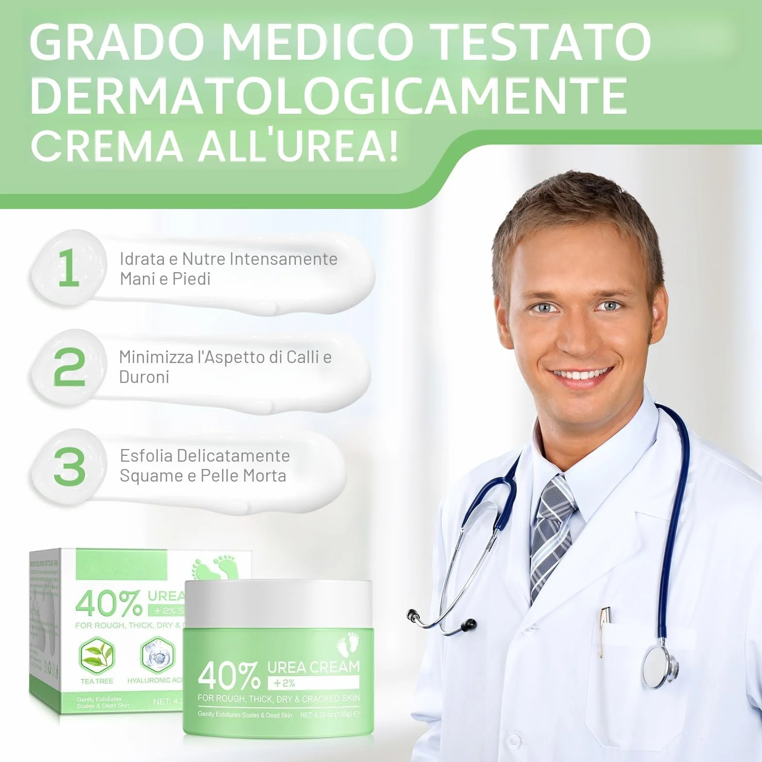 Crema Urea 40% con Acido Salicilico 2% e Acido Ialuronico per Idratazione Profonda Piedi Mani Talloni