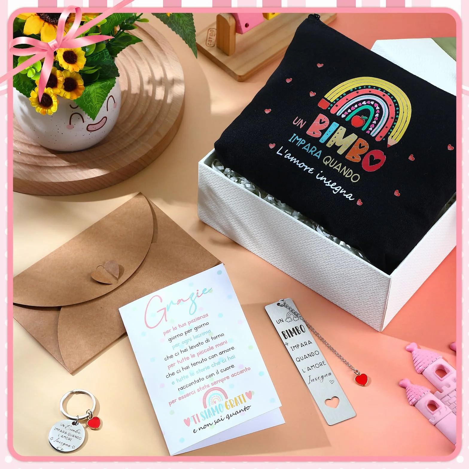 Xuniea Regalo Maestre Pochette Multiuso Fine Anno Idee Regalo Insegnanti per Insegnante Grazie Maestra Portachiavi Segnalibri Borsa per Cosmetici per la Festa dell'Insegnante