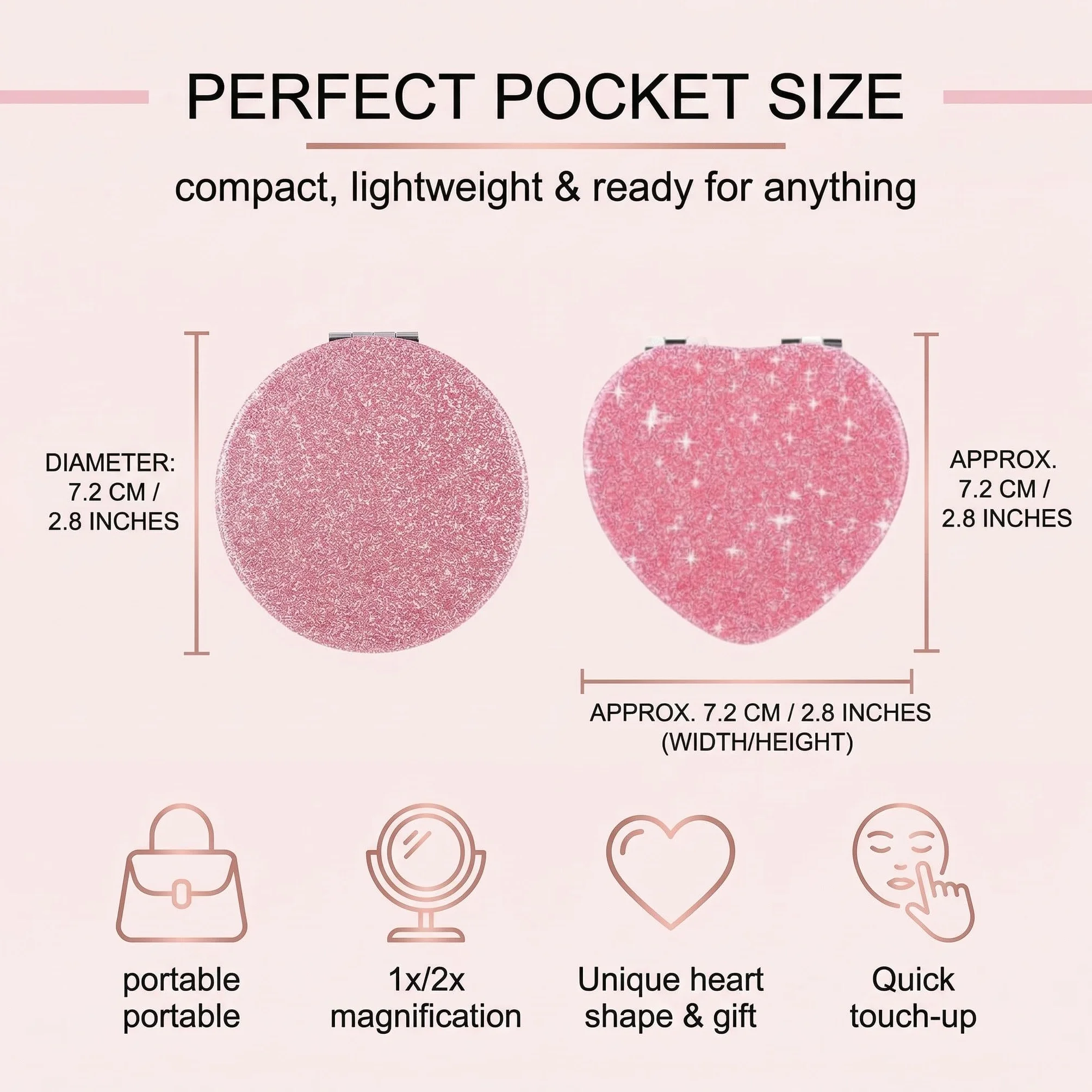 Specchietto da Borsetta Mini Glitter Specchio da Trucco Pieghevole Portatile 2 Lati 1x/2x Ingranditore Rosa