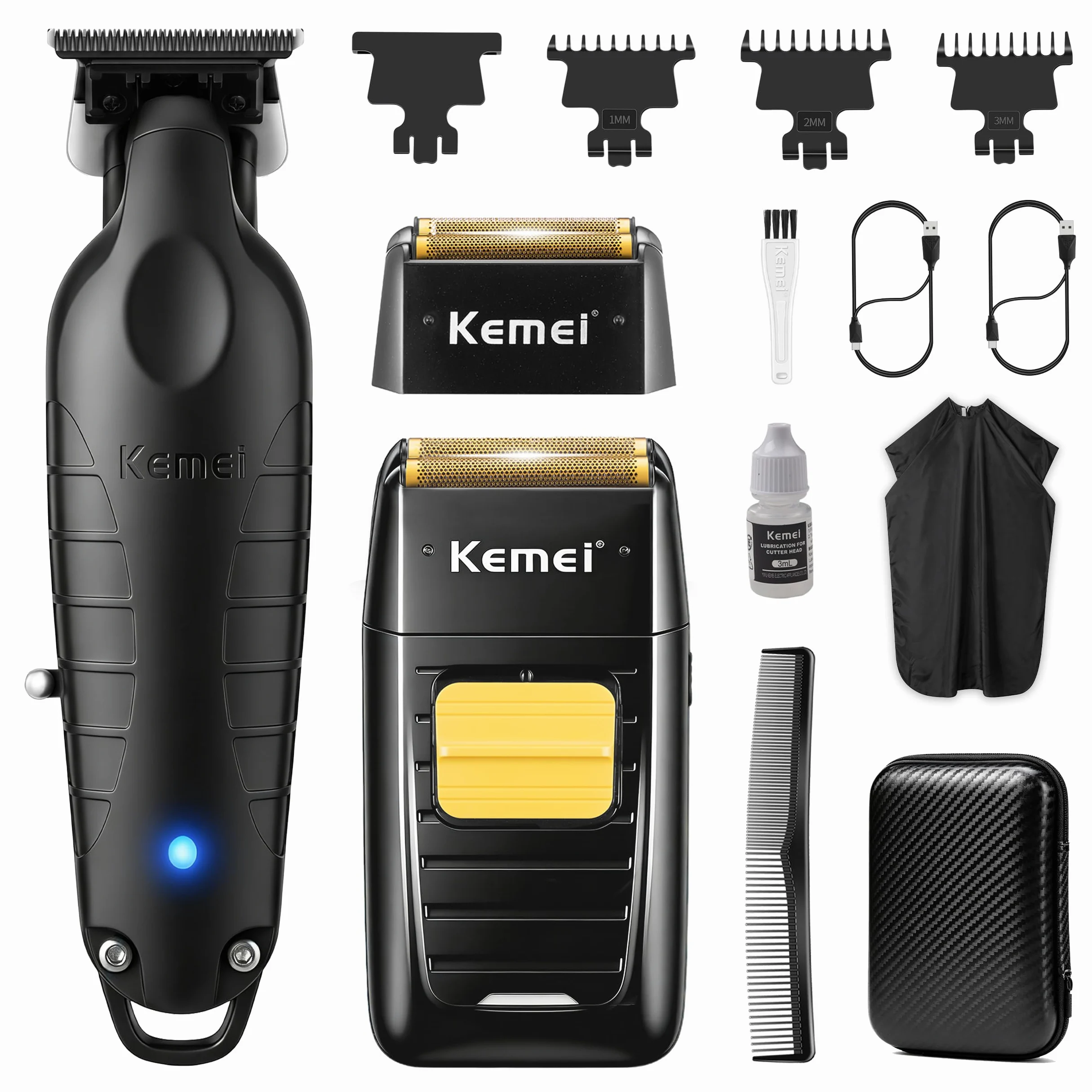 KEMEI Rasoio elettrico per uomo, rasoio senza fili | Set di rasoio ricaricabile per barba e capelli, per parrucchieri domestici e professionisti