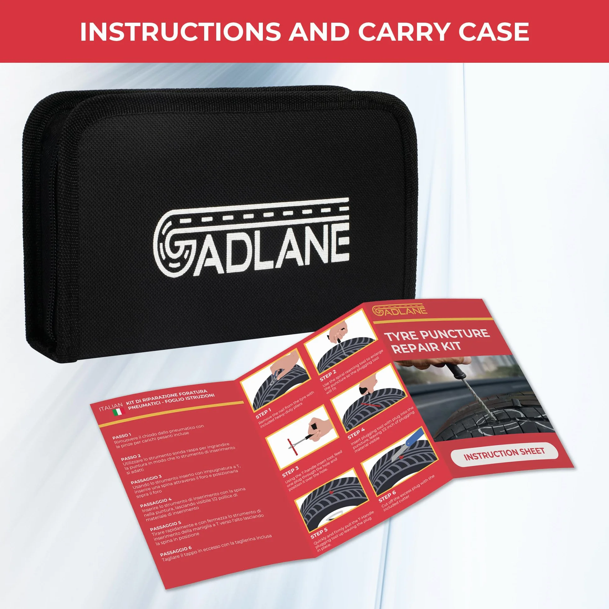 GADLANE Kit Riparazione Pneumatici Auto 26pc Foratura Moto Tubeless Emergenza Ripara Gomme
