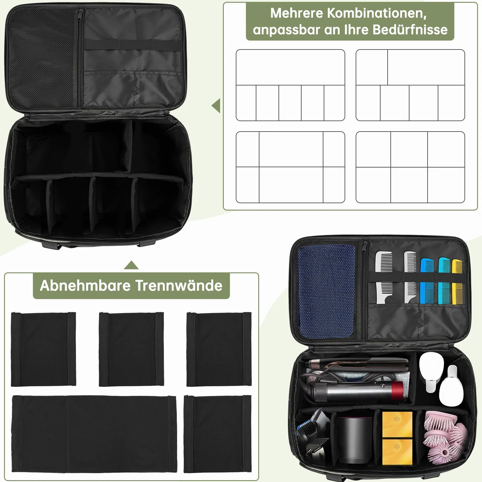 Borsa da parrucchiere professionale portatile, con tasche multiple e divisioni regolabili per accessori. Ideale per parrucchieri e visagisti.