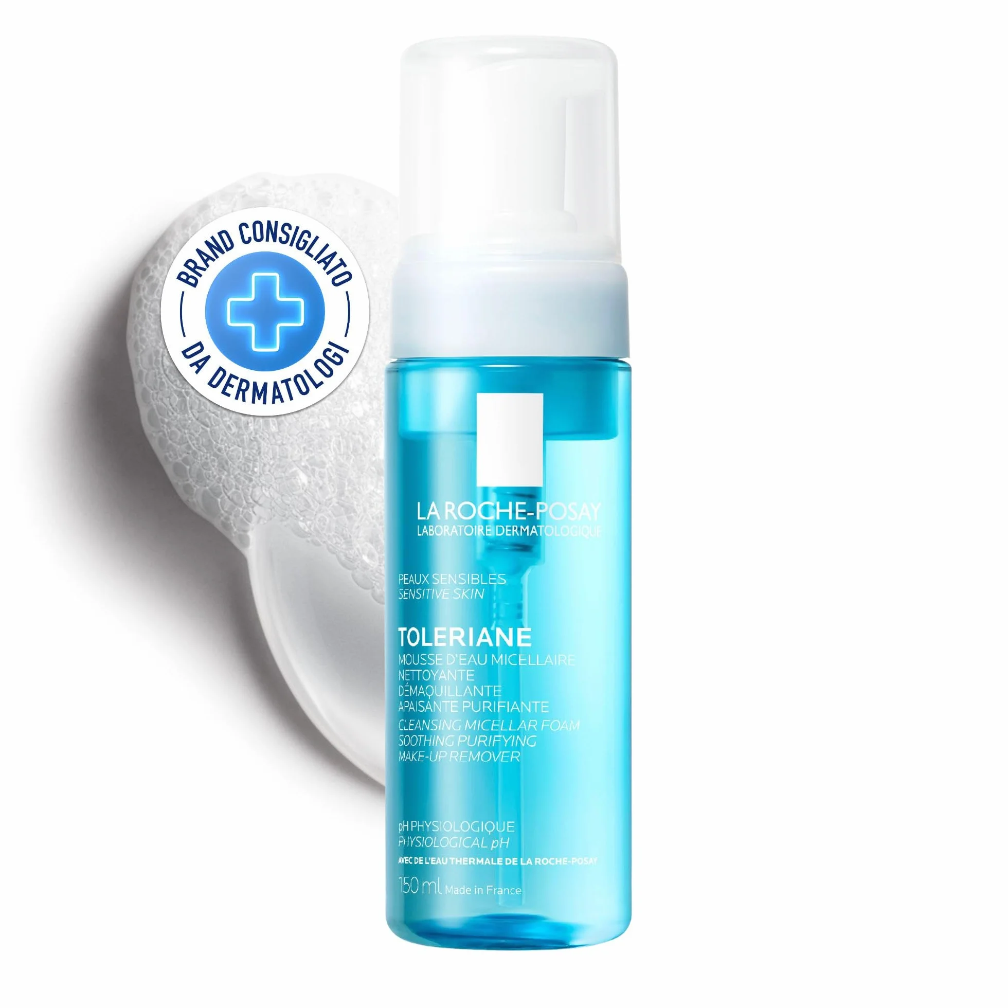 La Roche-Posay Physiologique, Mousse Acqua Micellare Detergente, Per Pelli Sensibili, Pelle Detersa a Fondo e Lenita, Texture Cremosa e Delicata, Con Glicerina e Acqua Termale, 150 ml