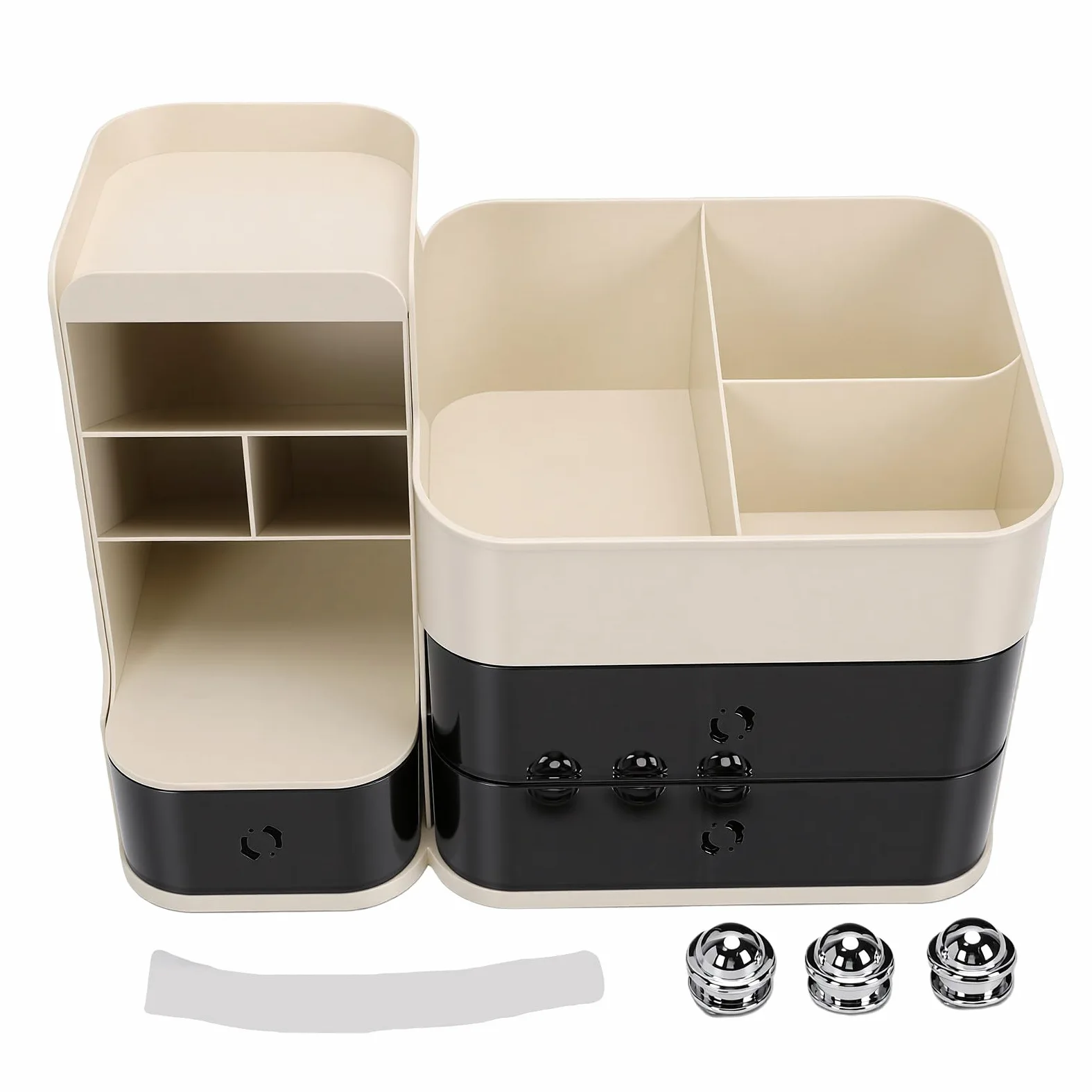 Duokon Porta Trucchi da Tavolo con Porta Pennelli e 3 Cassetti per vanità Bagno Ufficio Storage (bianco panna)