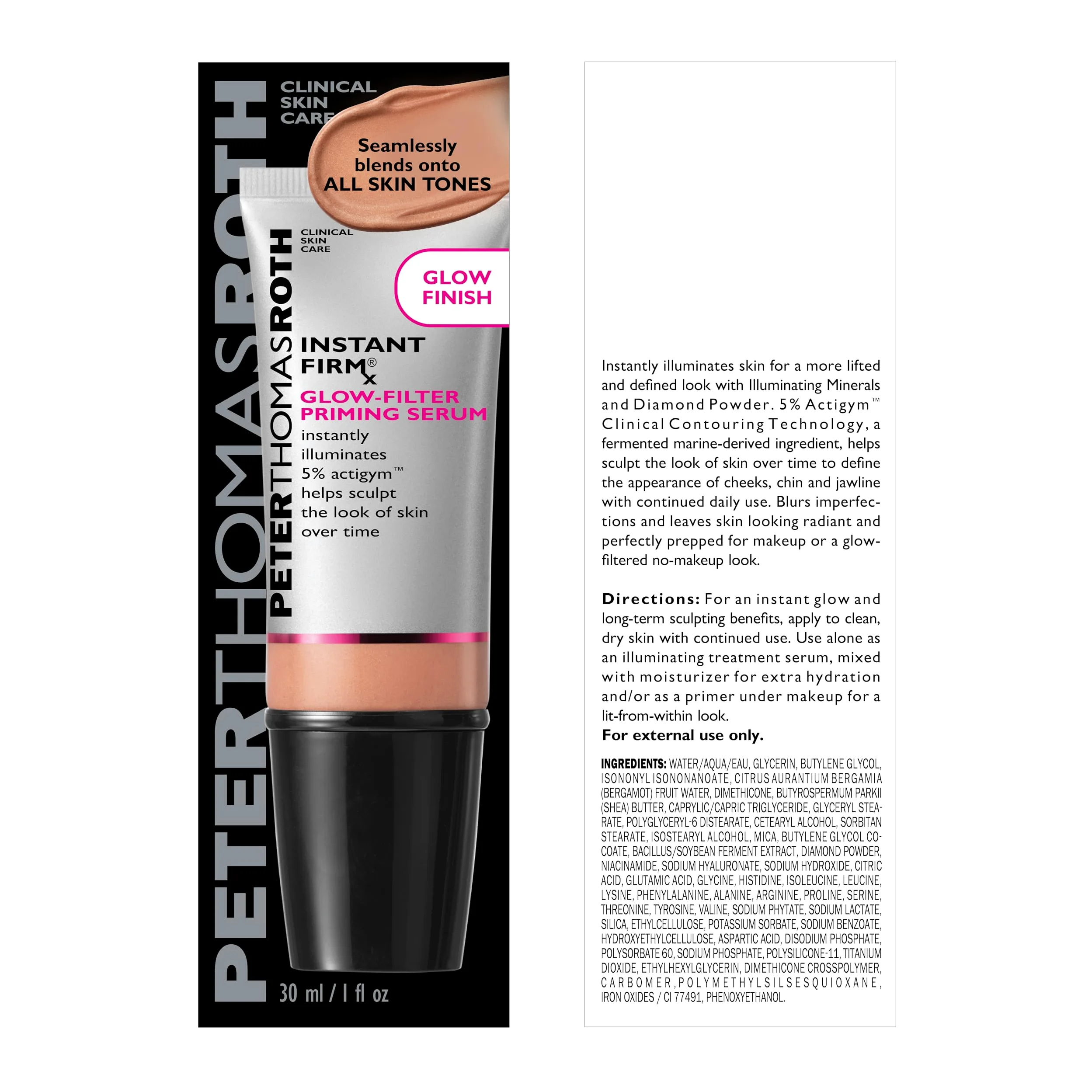 Peter Thomas Roth Instant FIRMx Glow-Filter Priming Serum - Siero primer illuminante con effetto lifting visibile, con tecnologia Actigym e polvere di diamante, 30 ml