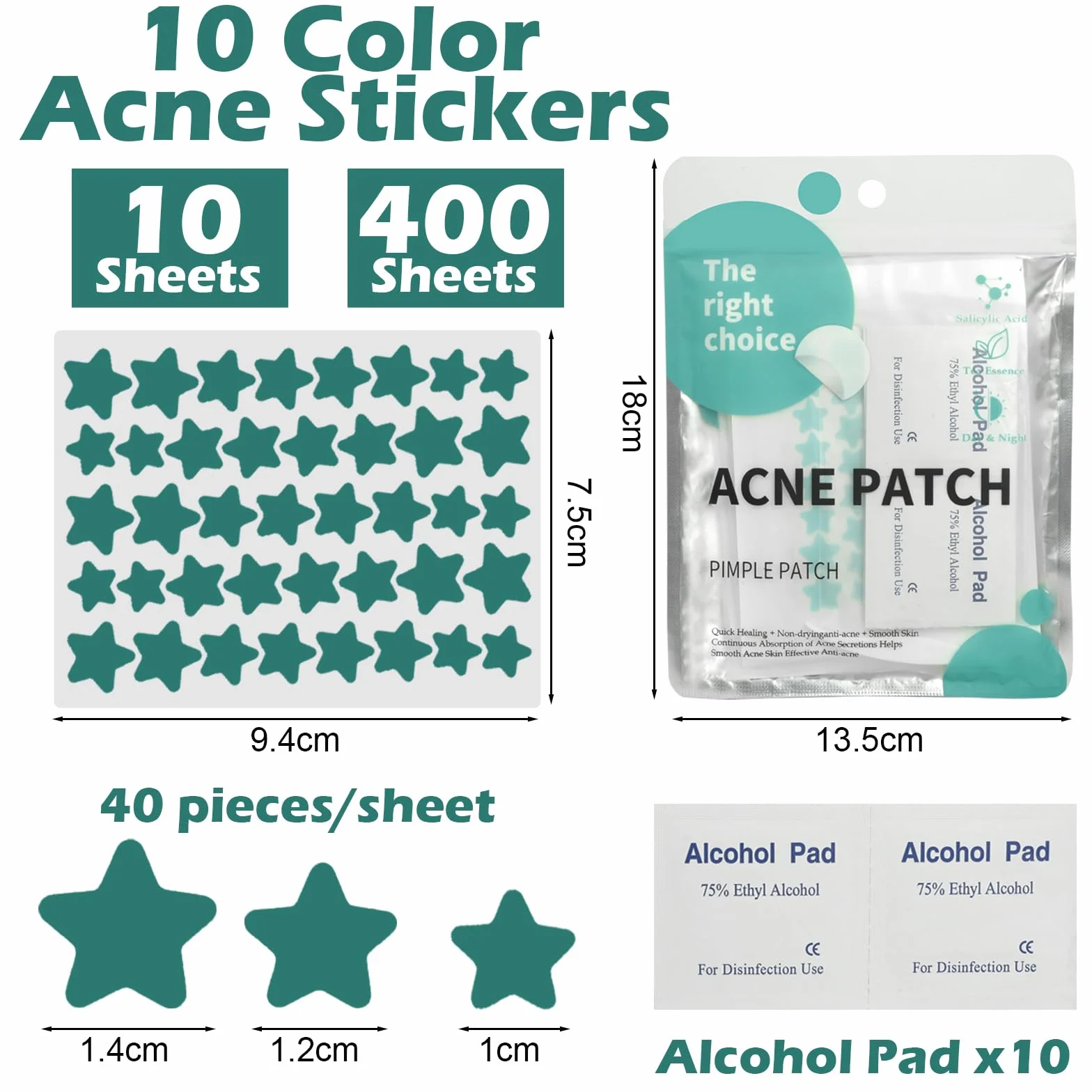 400 Pezzi Cerotti Brufoli, Pimple Patch Brufoli, Stelline Invisibili Idrocolloide Acne Pimple, 2-In-1 Cerotti Per Brufoli Viso con 10 Tamponi Imbevuti di Alcol e Pinzette