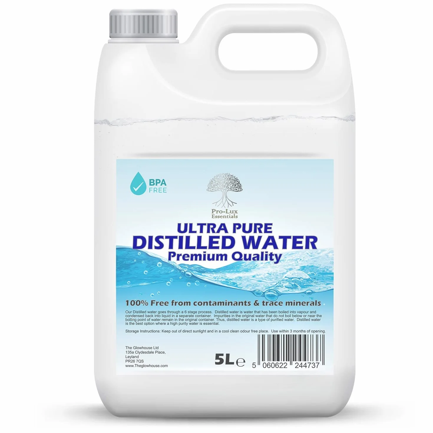 Acqua distillata 100% pura, di alta qualità, ideale per CPap, ferri da stiro, umidificatori, pulizia, motori e altro ancora, prodotto nel Regno Unito (5 litri)