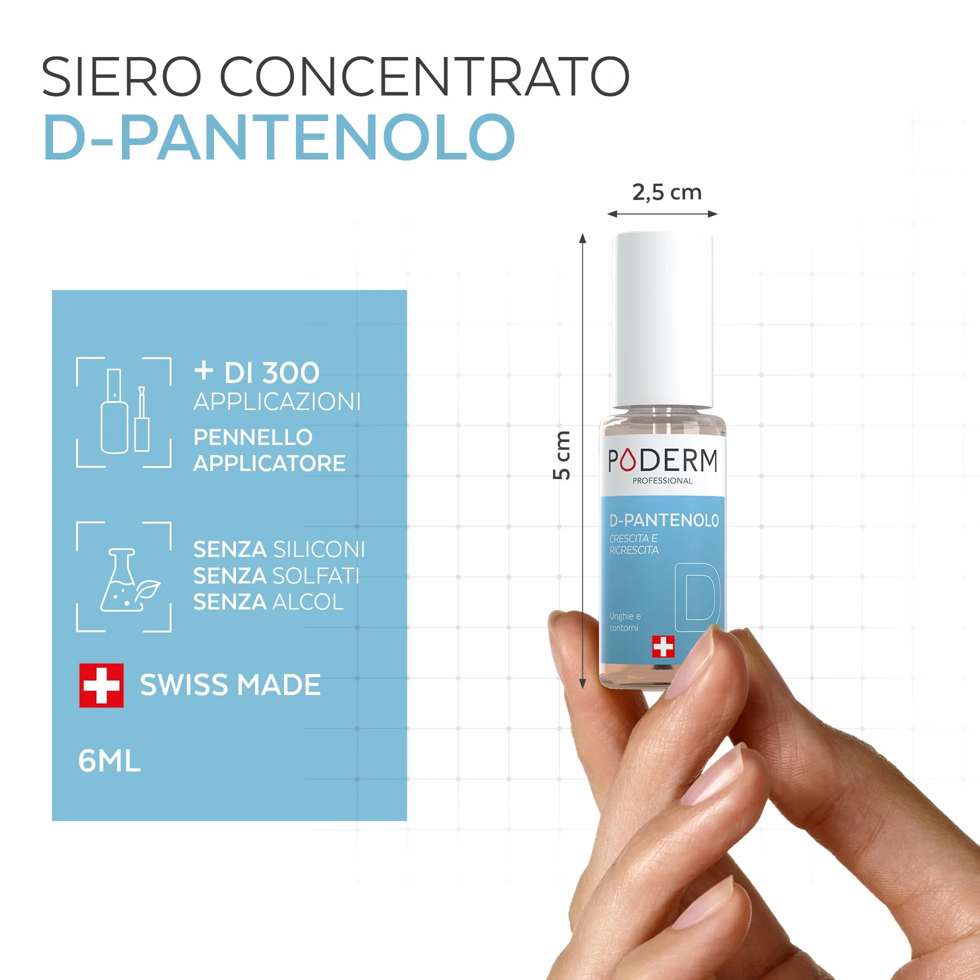 Poderm 5 in 1 Siero Booster Unghie - D-Pantenolo | Trattamento Rinforzante & Crescita per Unghie Fragili - 6 ML | Favorisce Limita la Rottura | 100% Naturale - Sviluppato da un Podologo in Svizzera