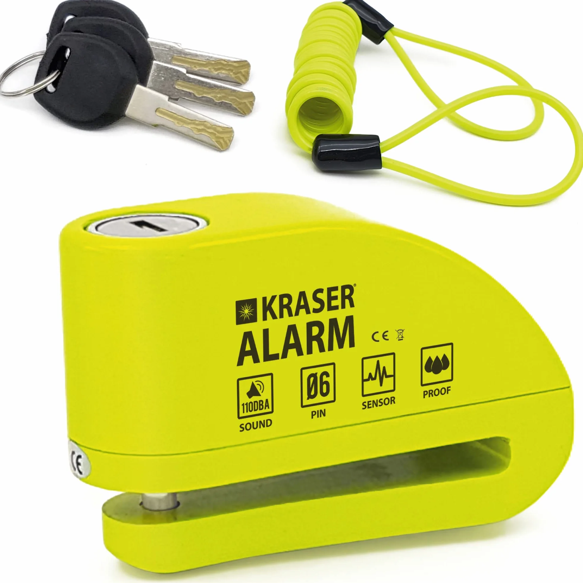 KRASER KR6Y Blocca Disco per Moto con Allarme 110dB, Antifurto Moto, Impermeabile, Cavo Reminder 1.5m Borsa