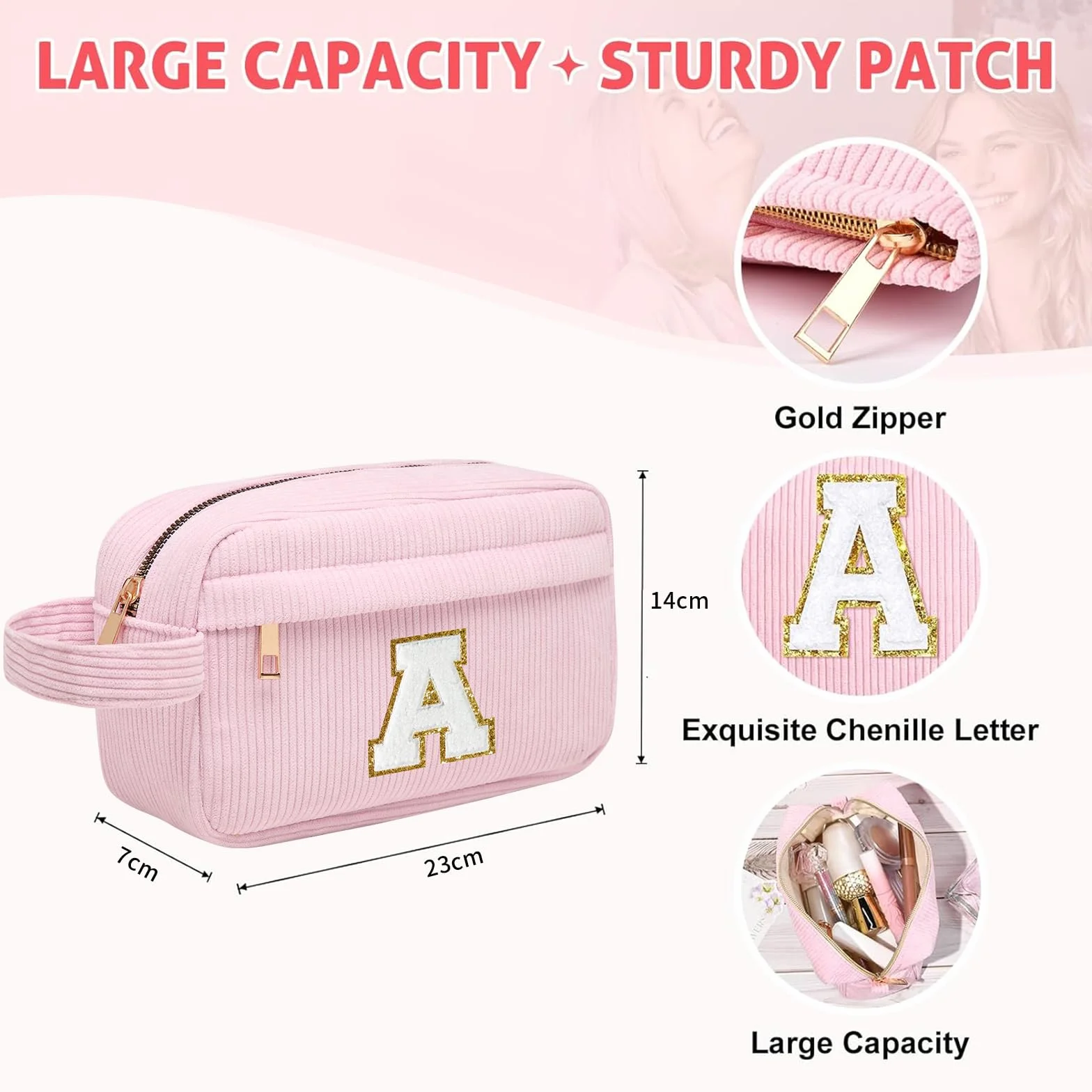 Personalizzata Iniziale Borsa per Cosmetici per Donna, Pochette Trucchi Viaggio con Tasca Interna, Trousse Trucchi Organizer Cosmetici Rosa