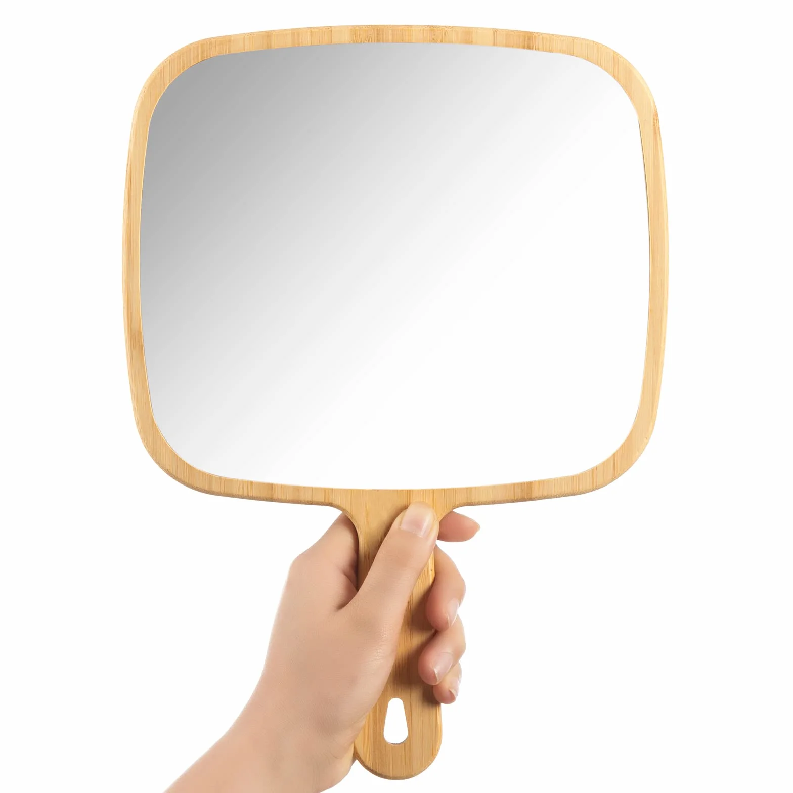 YEAKE Specchio a mano, extra grande, in bambù naturale, con manico, da viaggio, portatile, per uomini e donne, 22,6 x 31,5 cm L