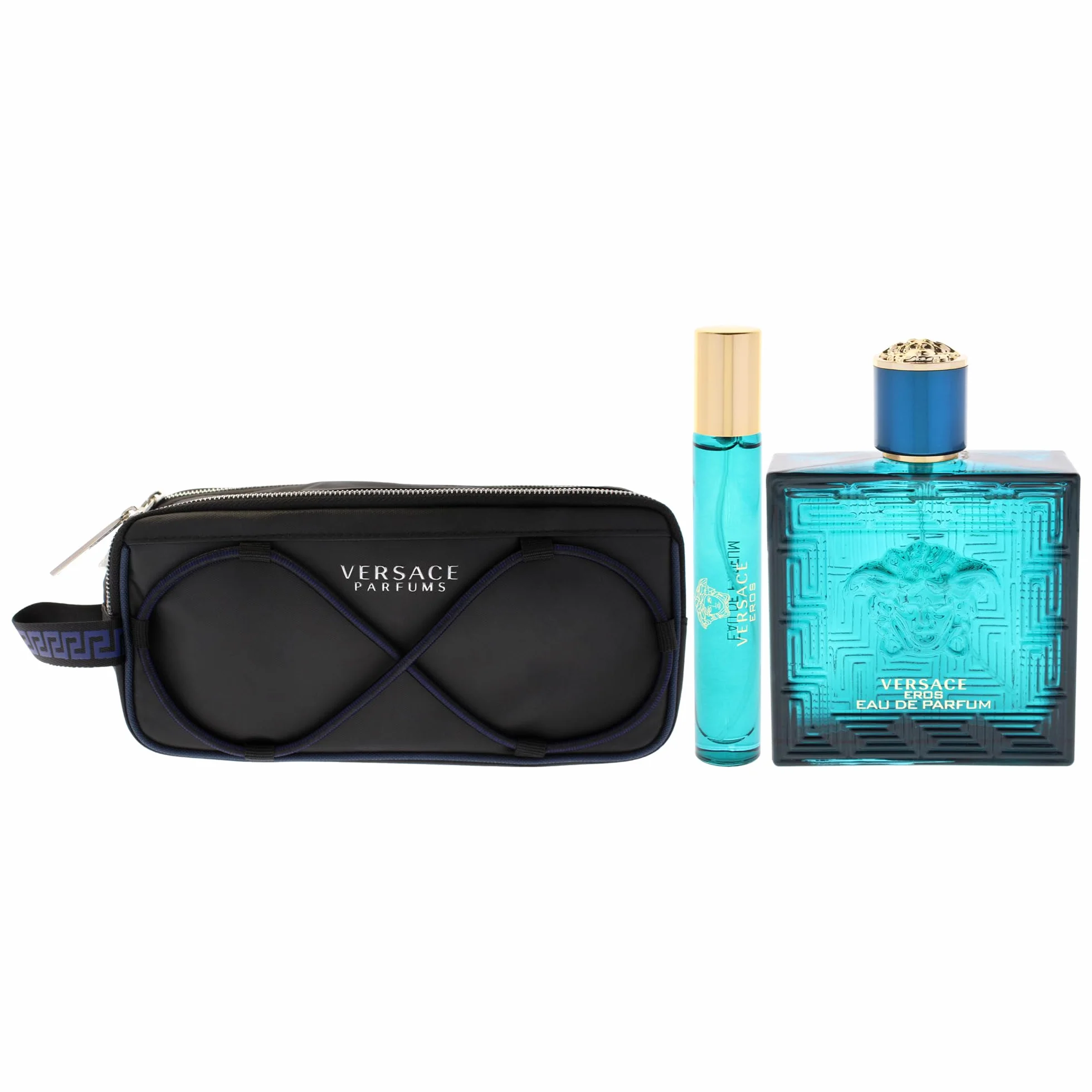 Versace Eros Eau de Parfum set regalo 2025-100 ml EDP, spray da viaggio e borsa per articoli da toeletta