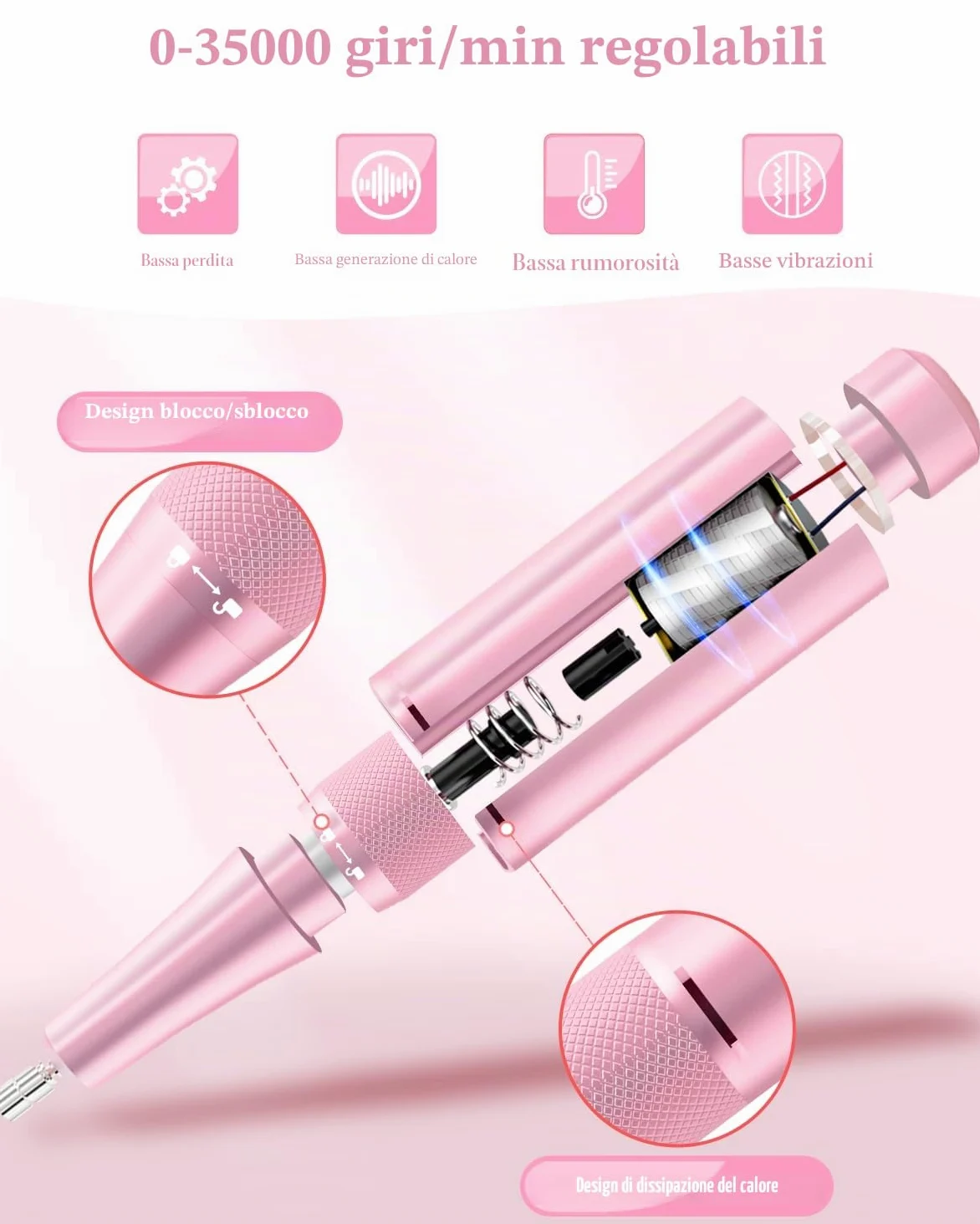 Fresa per Unghie Professionale 35000 Giri/min, Lima Elettrica Ricaricabile per Unghie Gel e Acrilico, Kit Manicure Pedicure Portatile Senza Fili con 7 Punte e 56 Nastri Abrasivi, Blu Rosa