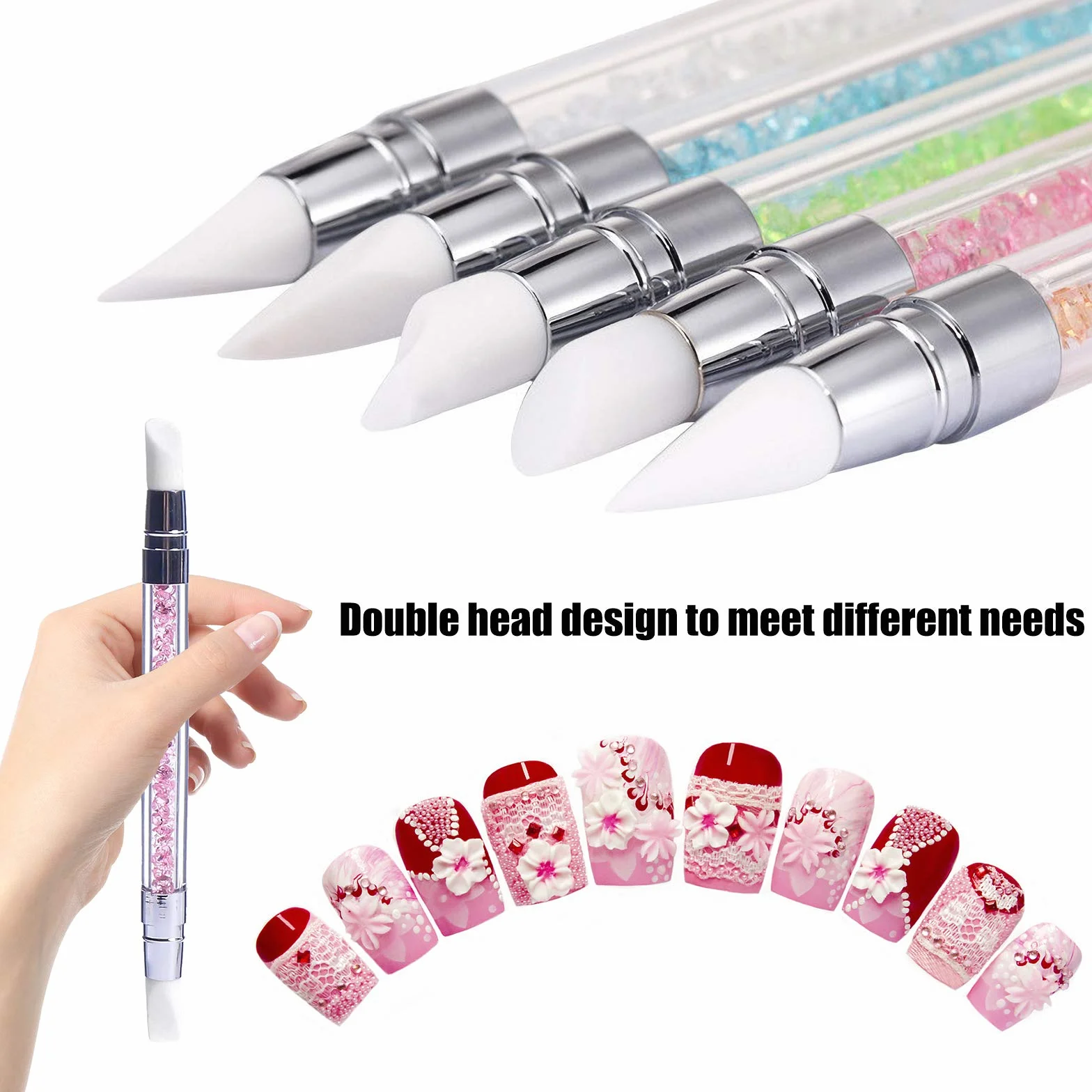 Hanyousheng 5 Pezzi Pennelli in Silicone Per Unghie Art Design Decorazione Kit Silicone Nail Art Pennelli Con Manico Acrilico Stras