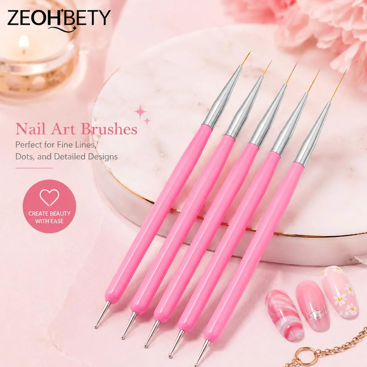 Pennelli per nail art, 5 pennelli per nail art, strumenti per punteggiare, set di pennelli per disegno artistico per linee lunghe, dettagli sottili, dimensioni 7/9/11/15/22 mm, rosa