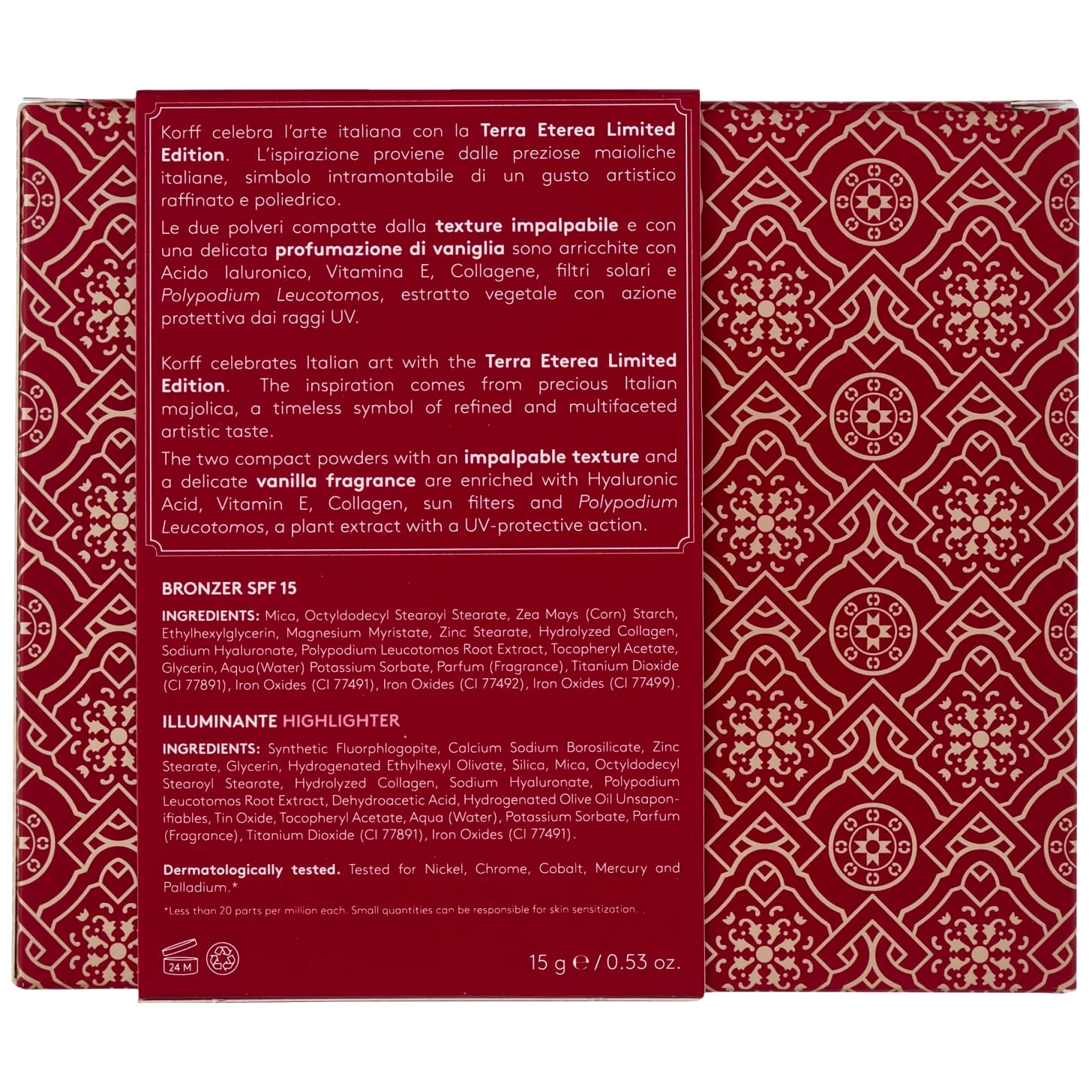 Korff Terra Eterea Limited Edition 2025, Polvere compatta con texture impalpabile e profumazione di vaniglia con Acido Ialuronico, Vitamina E, Collagene, Filtri solari, 15 gr