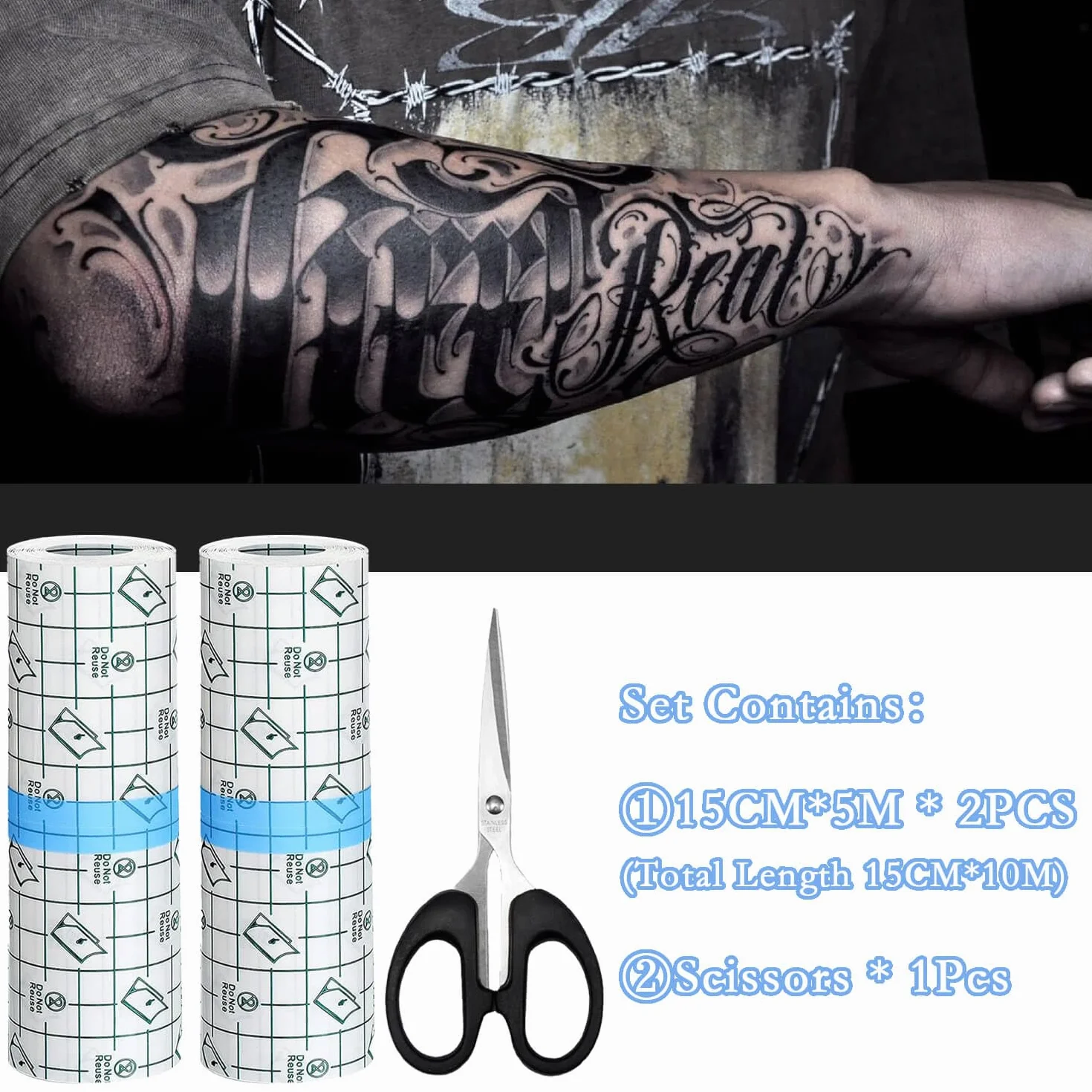 Waterproof Bandage 15cm*10m Cerotto Impermeabile(Con Forbici) Second Skin Tattoo 丨Pellicola Tatuaggi,Copri Tatuaggi Waterproo per Polsi, Spalle, Braccia, Medicazione di Ferite, Scudo Protettivo