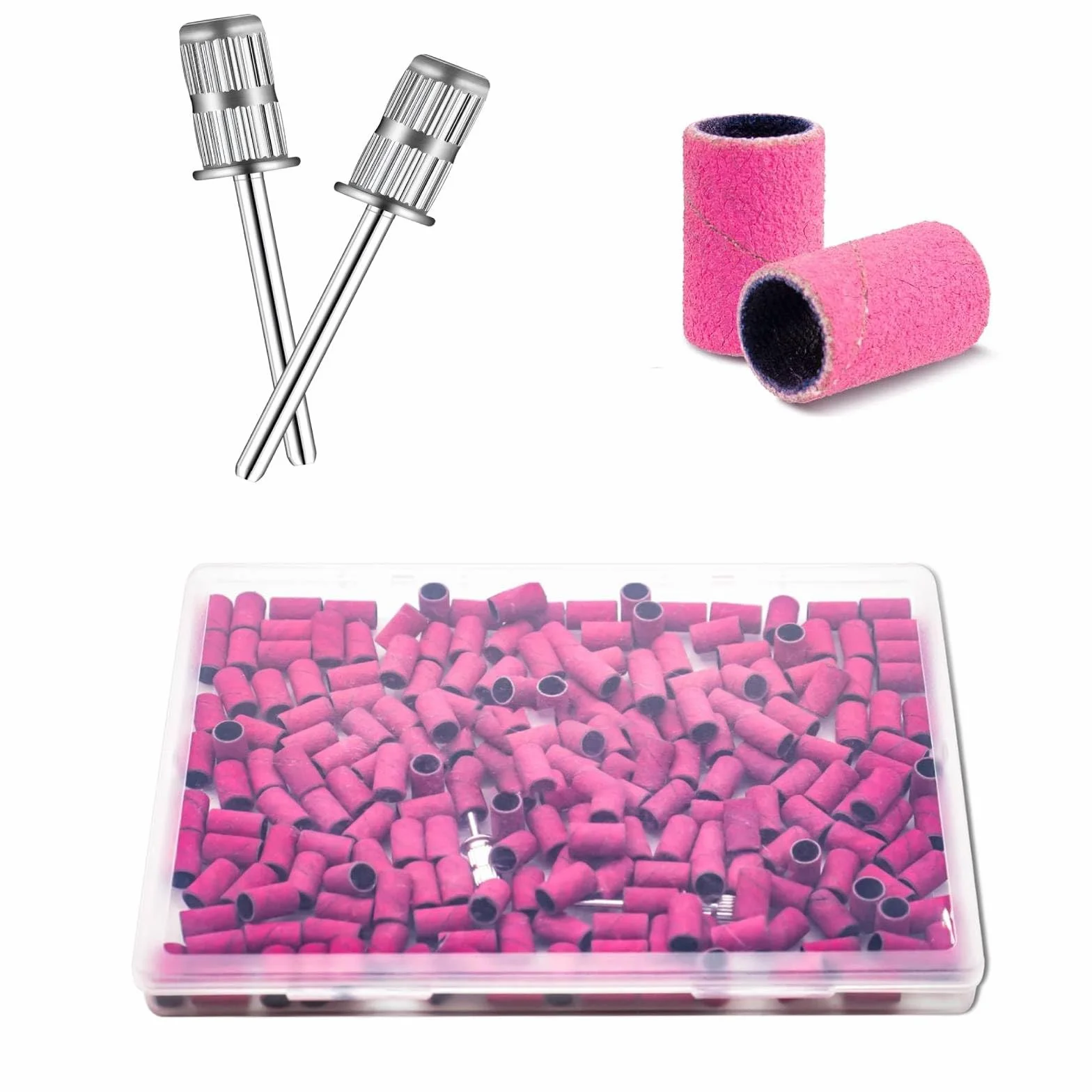 Cilindri Abrasivi Fresa Unghie 100Pz, Grana 180 Bande per Levigatura Unghie Rosa, Bande Levigatrici per Trapano Unghie con 2 Pz Frese 3/32” e Scatola per Accessori Beauty Manicure e Pedicure