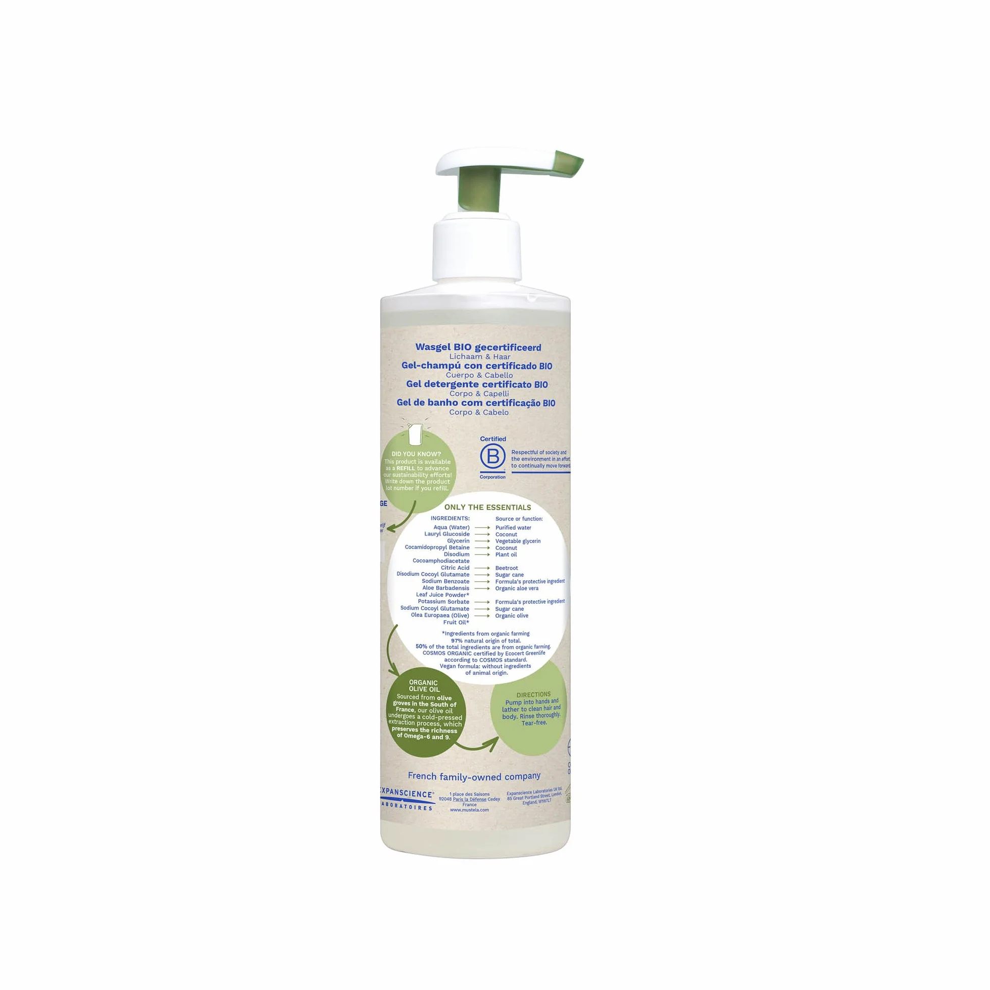 Mustela Gel Detergente Bio Vegano Olio di Oliva Aloe Vera Glicerina Corpo Capelli Neonati 400ml